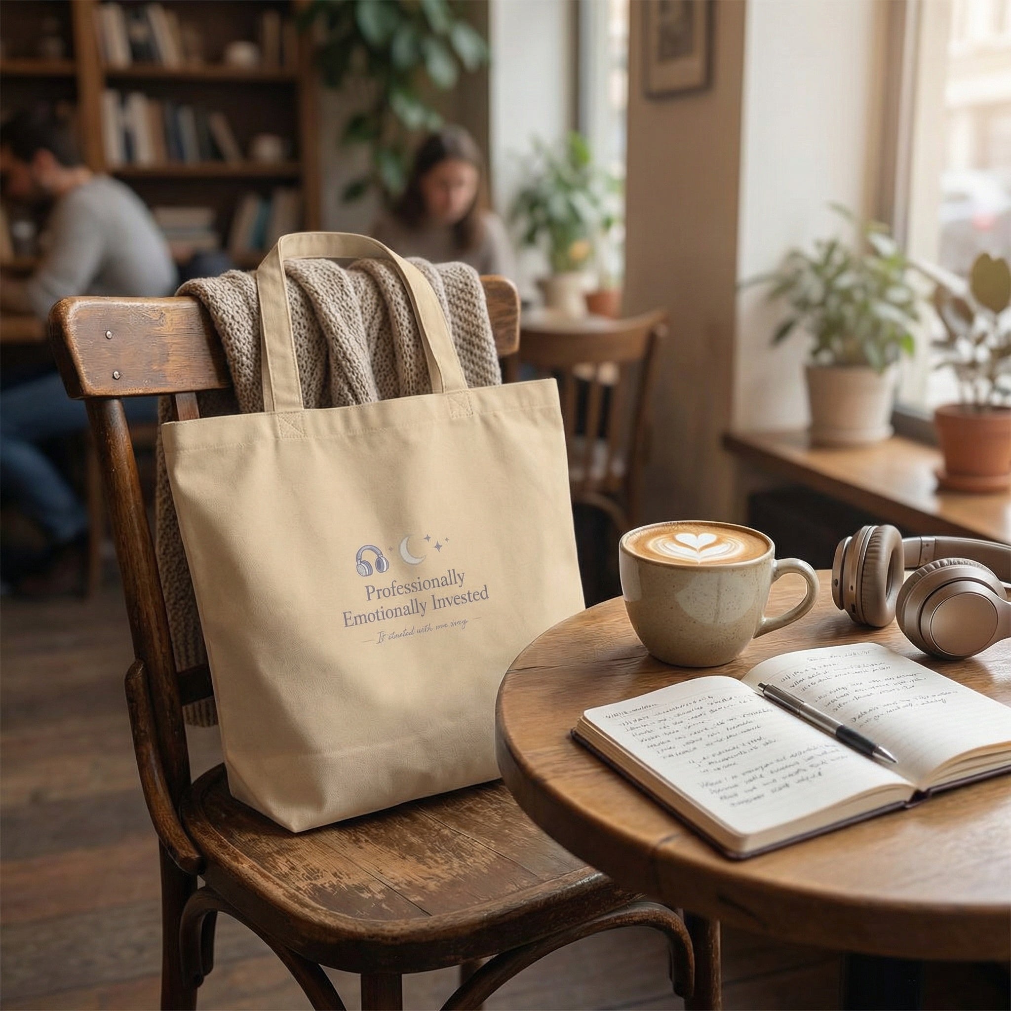 Tote bag with a logo on a chair next to a table with a book and coffee in a cozy cafe.