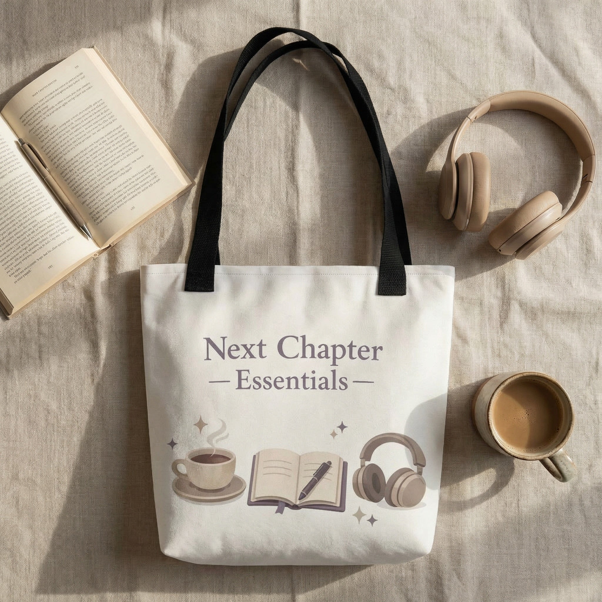 Tote bag with 'Next Chapter Essentials' text, book, coffee cup, and headphones on a light surface.