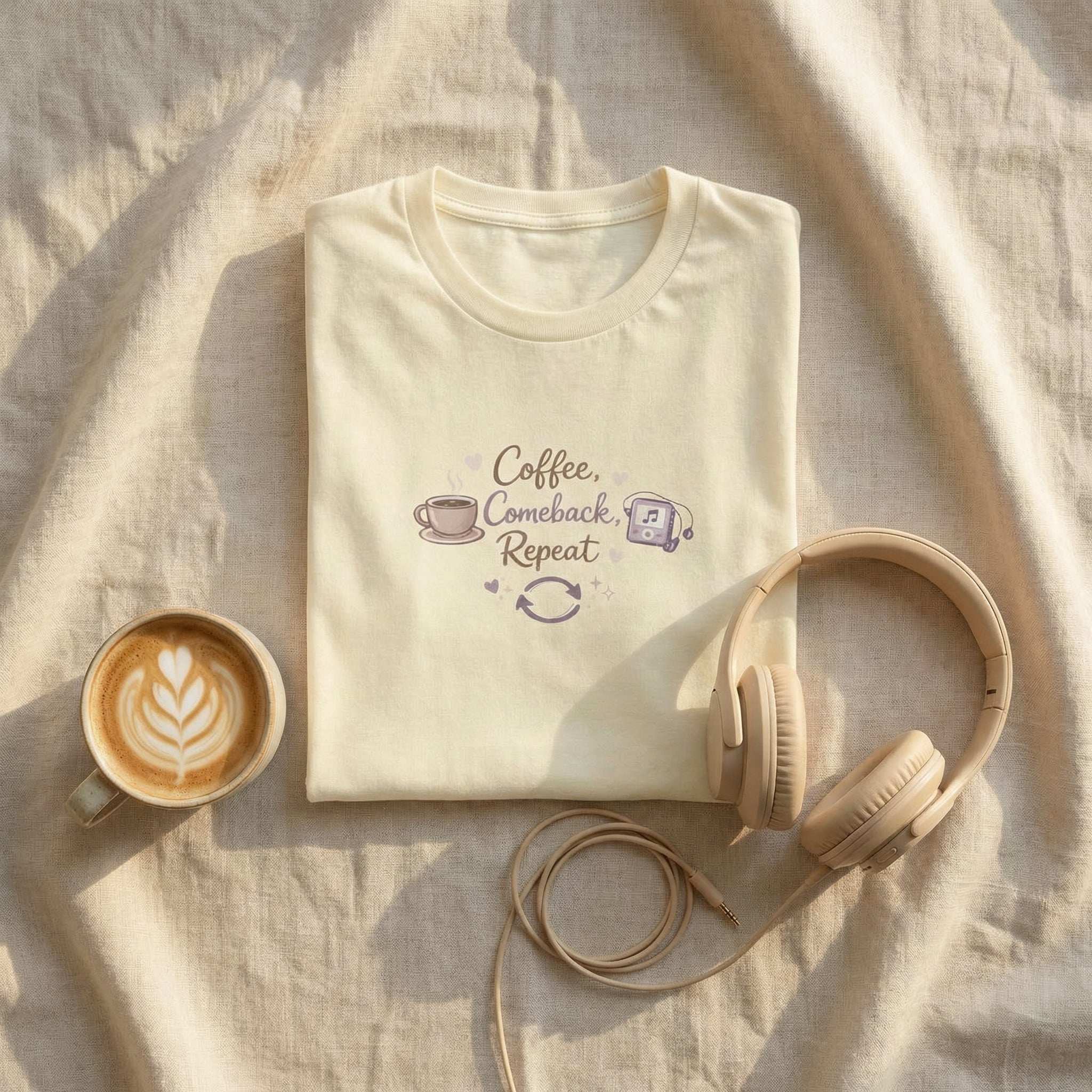 Beige t-shirt with 'Coffee, Comeback, Repeat' text, coffee cup, and headphones on a textured surface
