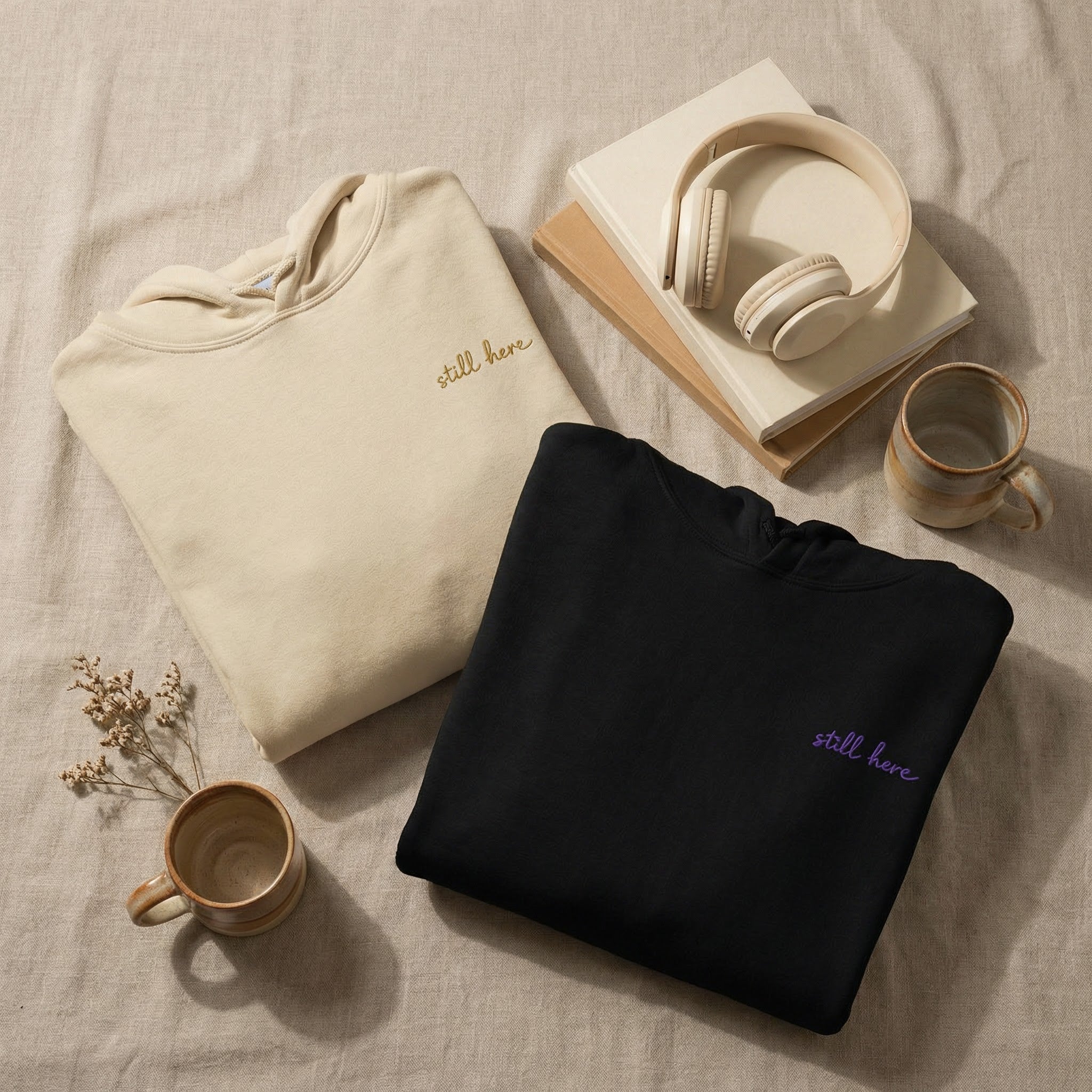 Two 'still here' hoodies, one black and one cream, displayed with headphones and books