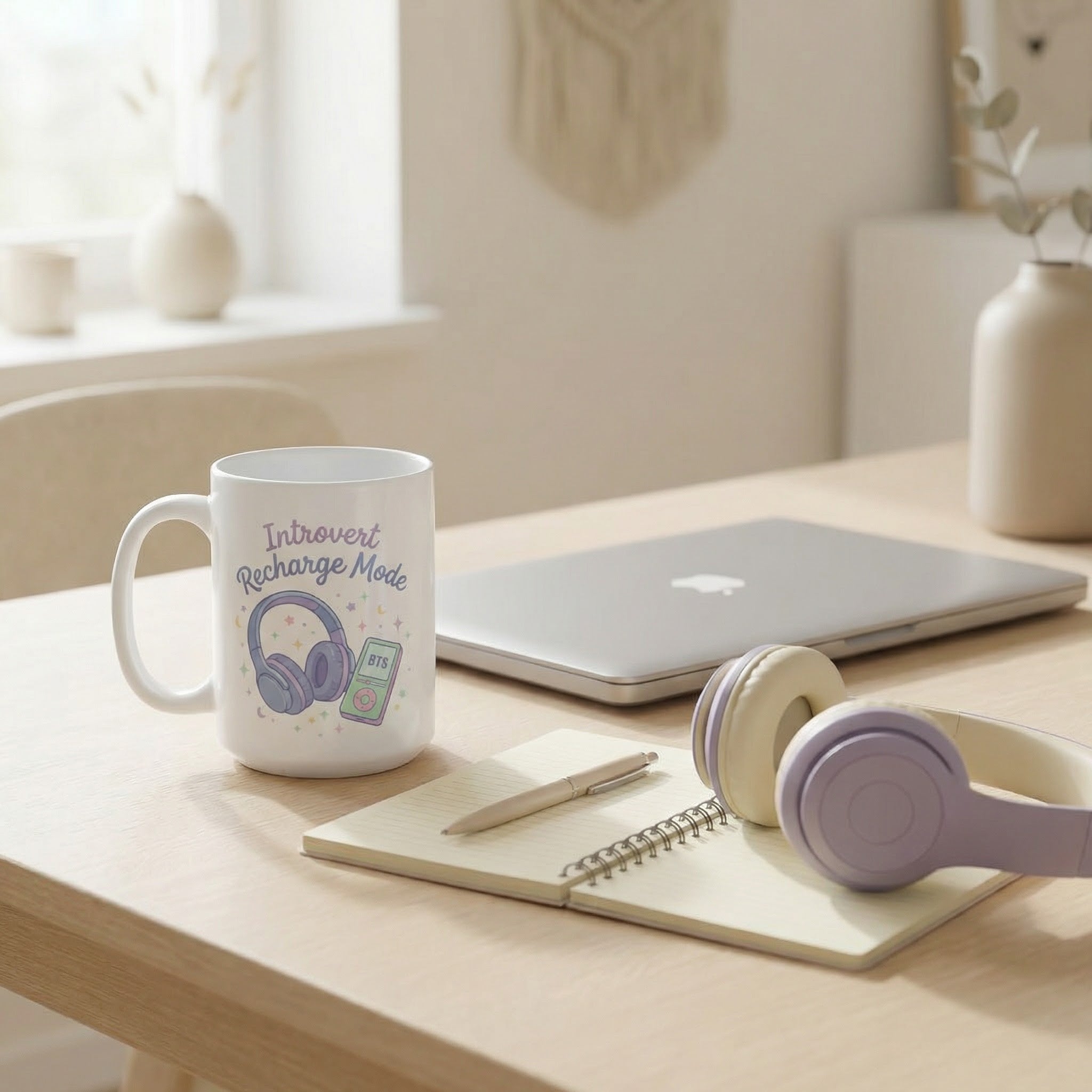Mug with 'Introvert Recharge Mode' text on a desk with a laptop and headphones.