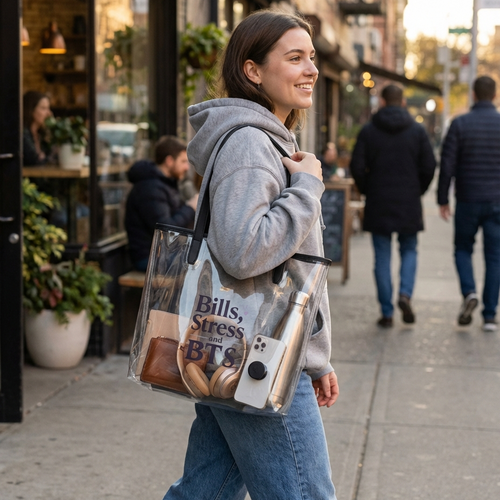 Woman walking on a sidewalk with a clear bag containing items, including a phone and a water bottle, with a casual urban setting in the background.