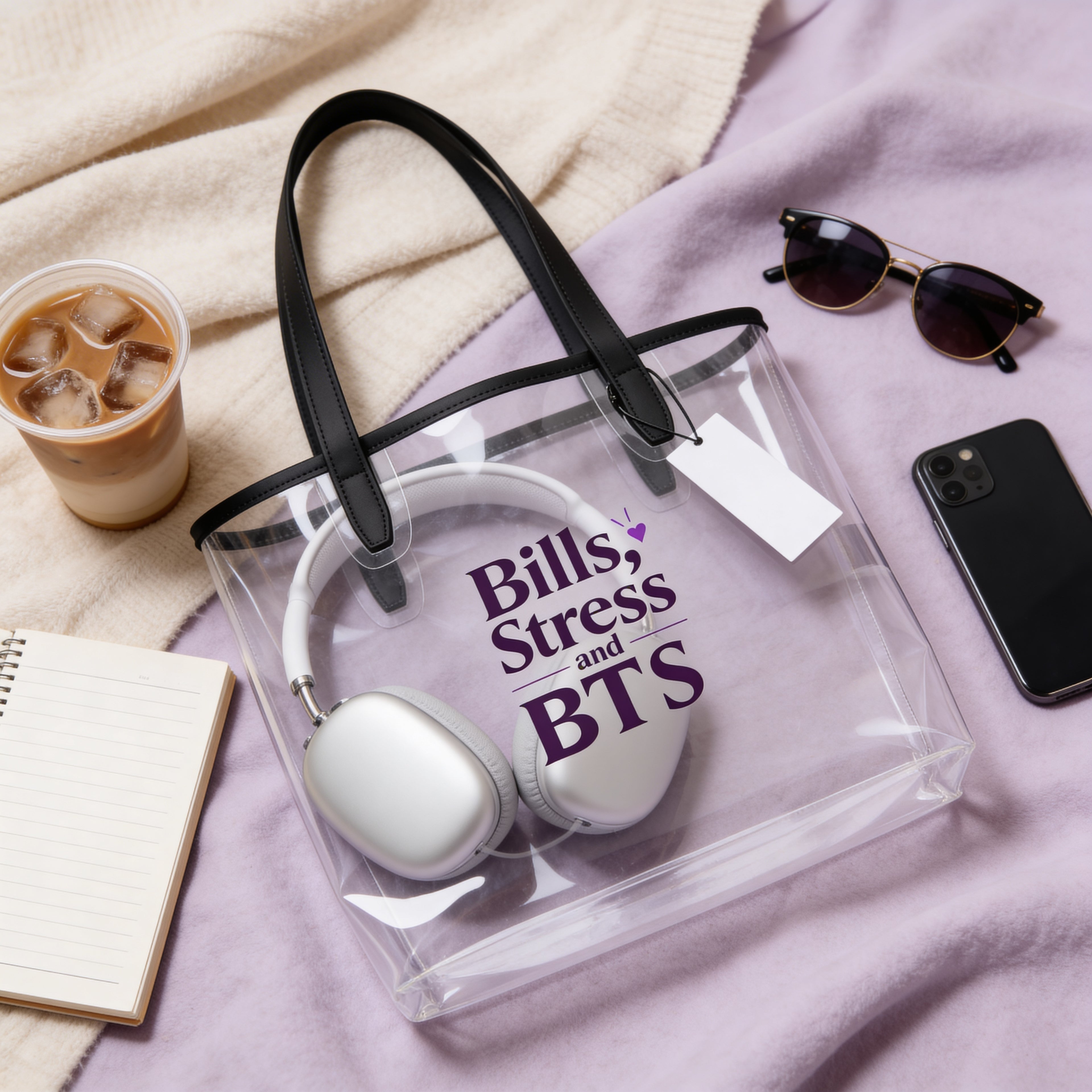 Clear bag with headphones, sunglasses, phone, and iced coffee on a blanket