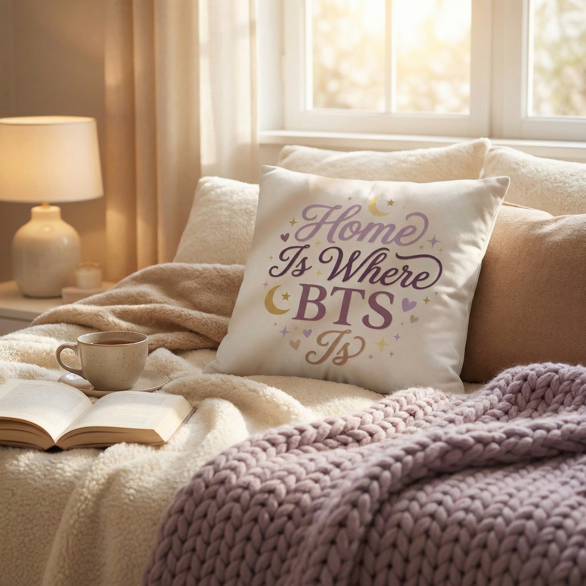 Cozy living room with a pillow that reads 'Home is where BTS is', a cup, book, and blanket.