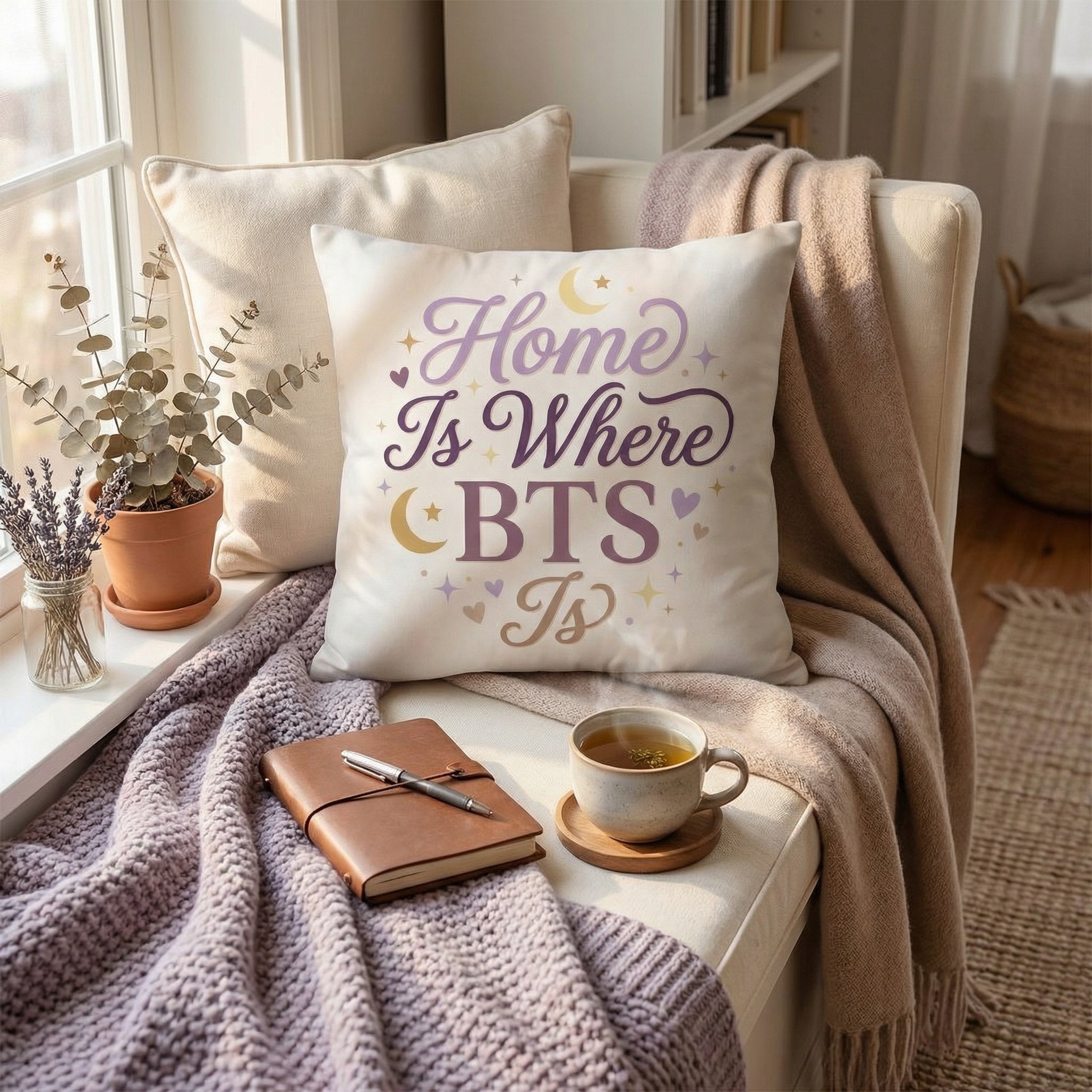 Cozy living room with a pillow that says 'Home is where BTS is', a cup of tea, notebook, and pen on a small table.