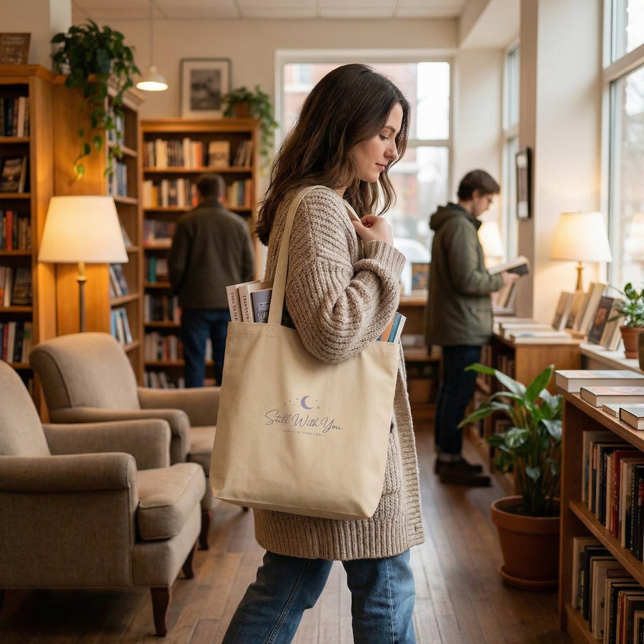 Woman holding a tote bag with 'Sell With You' logo in a bookstore.