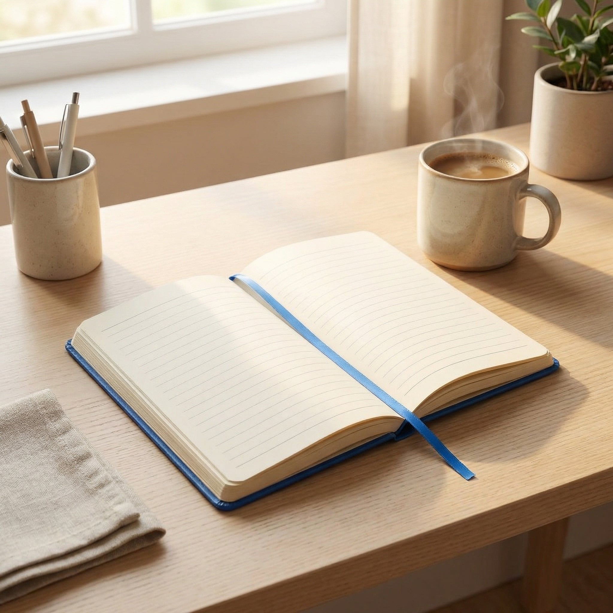 Open notebook with a pen on a wooden desk next to a cup of coffee and a plant.