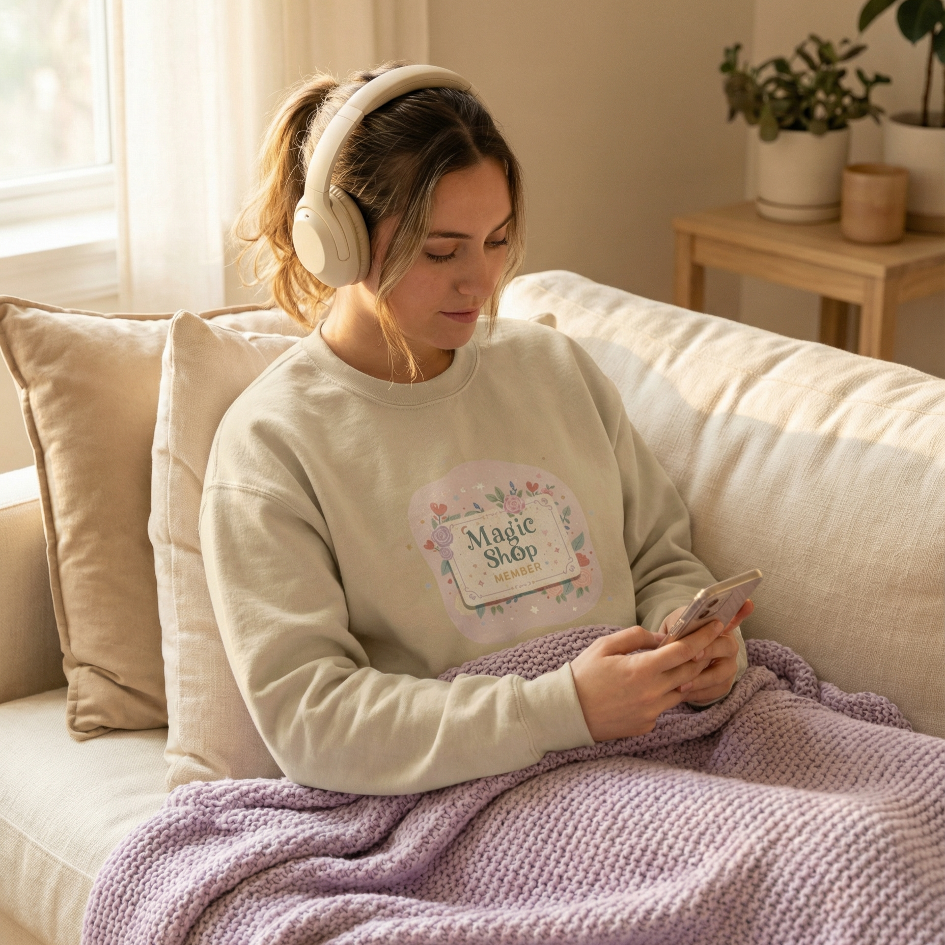 Woman sitting on a couch wearing headphones and using a phone, with a cozy blanket and homey decor.