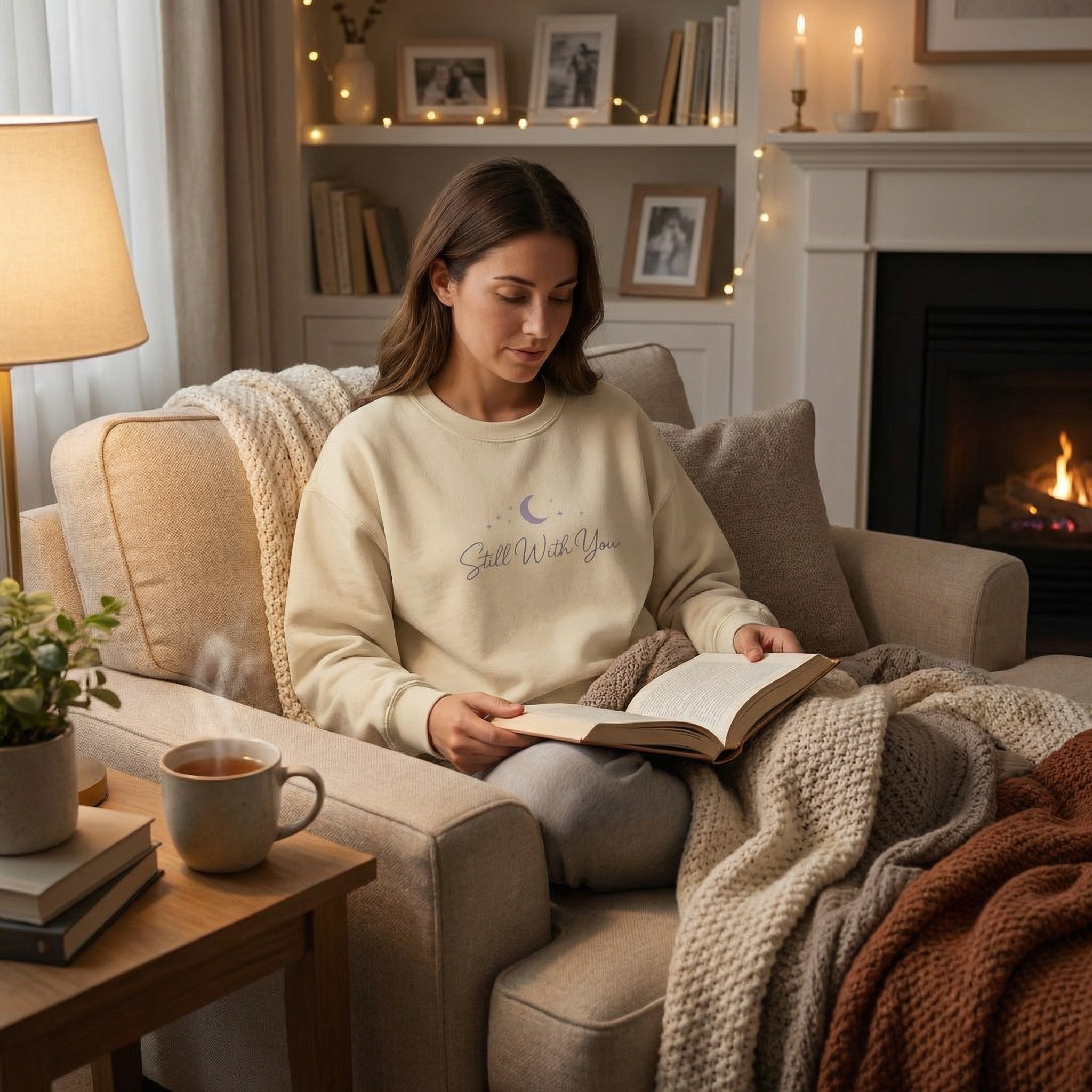 Woman reading a book on a cozy couch with a fireplace in the background