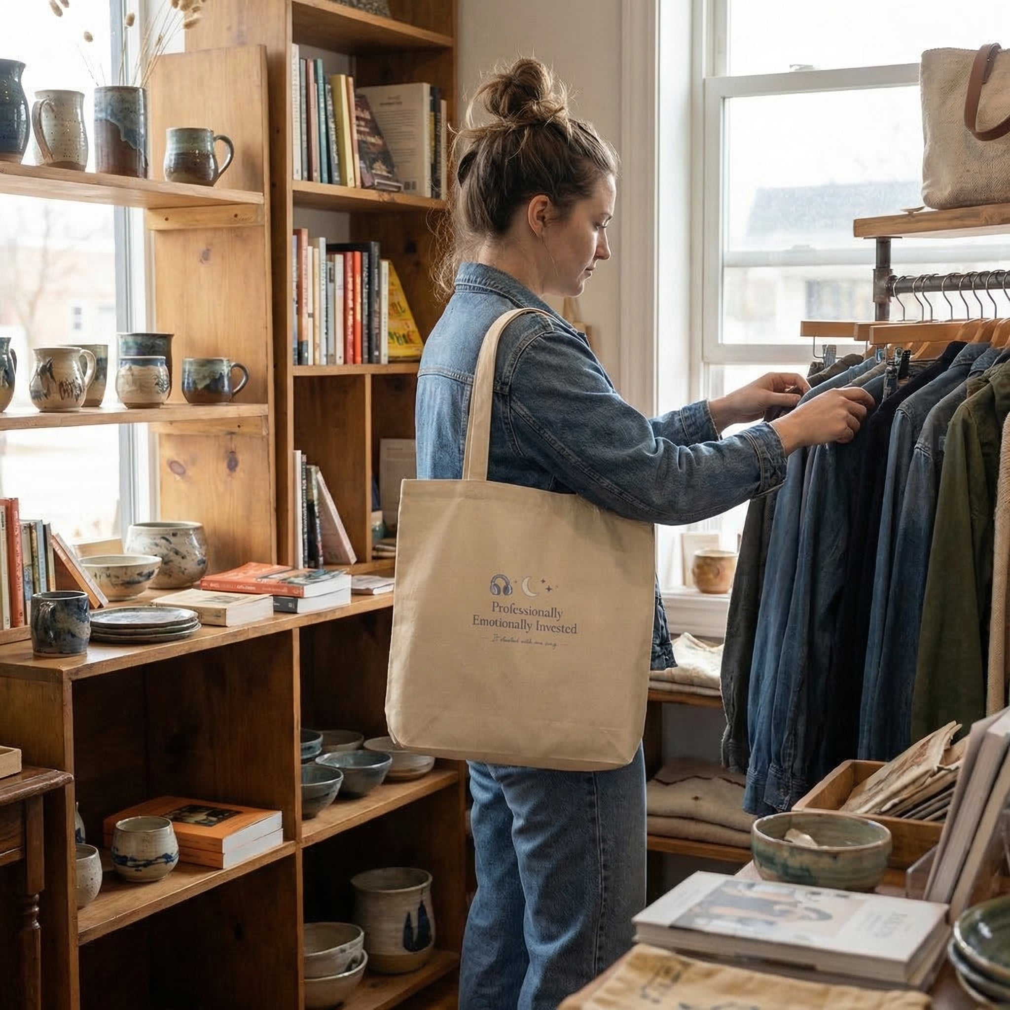 Woman shopping in a store with wooden shelves and clothing rack