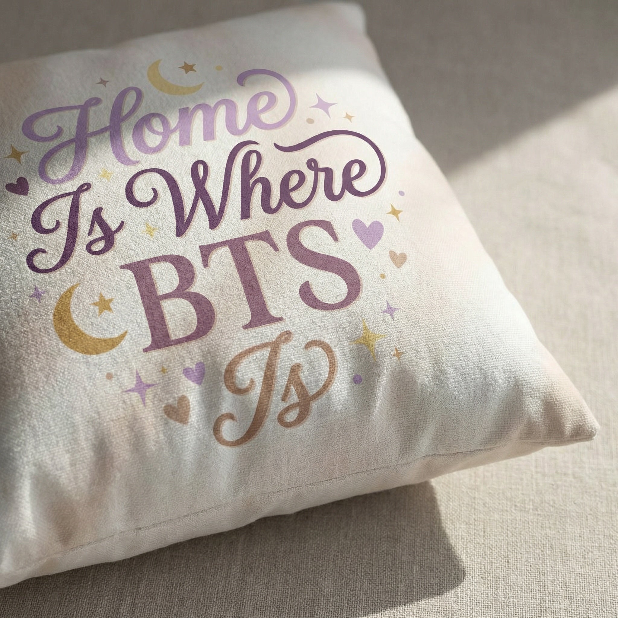 Decorative pillow with 'Home is where BTS is' text on a neutral background