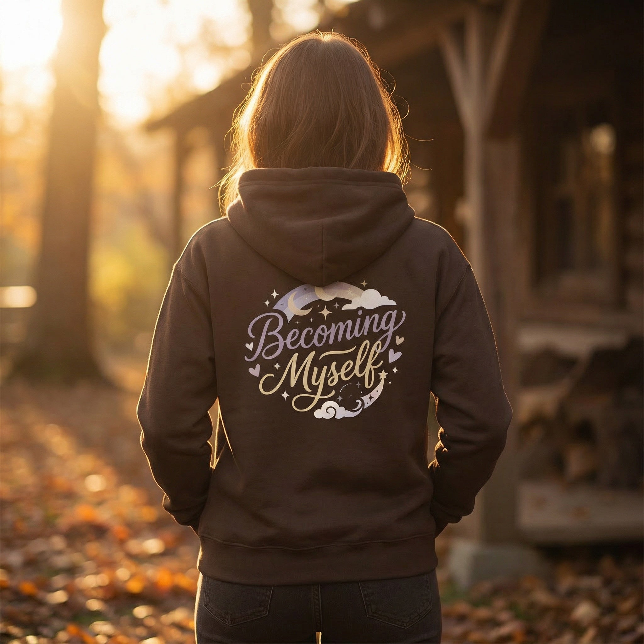 Person wearing a hoodie with 'Becoming Myself' text in a forest setting