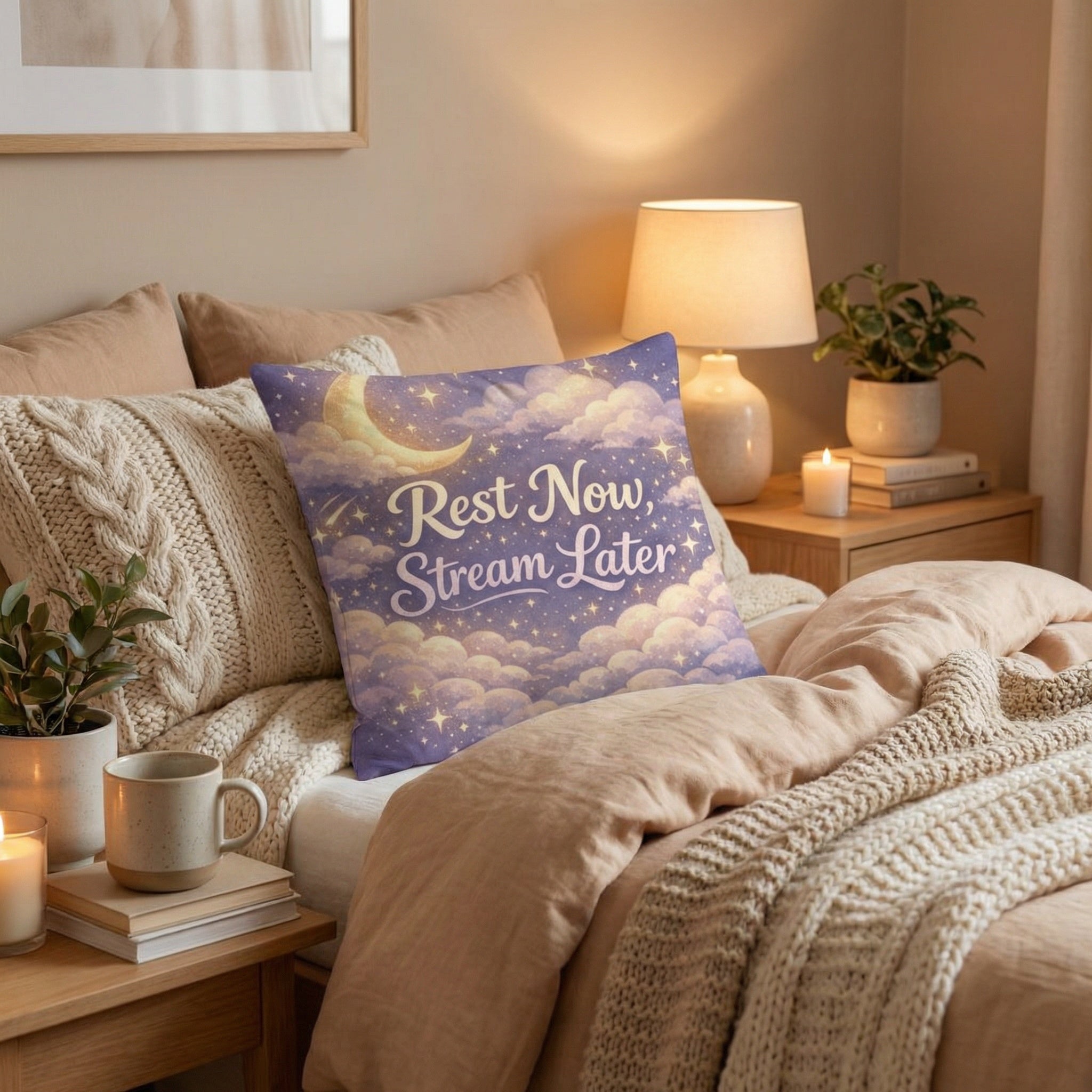 Cozy bedroom with 'Rest Now, Stream Later' pillow on a bed