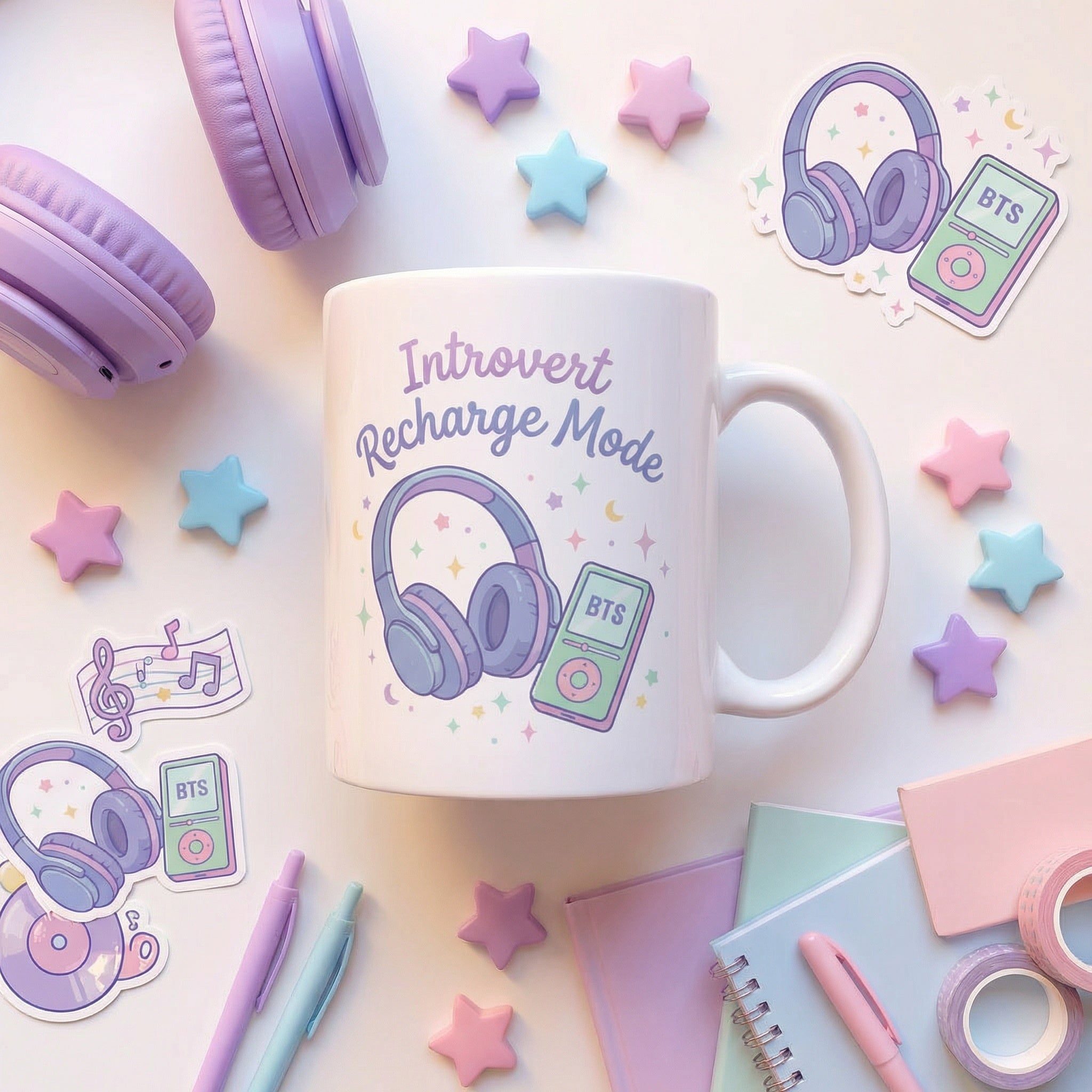 Mug with 'Introvert Recharge Mode' text and headphones illustration, surrounded by pastel accessories on a light background