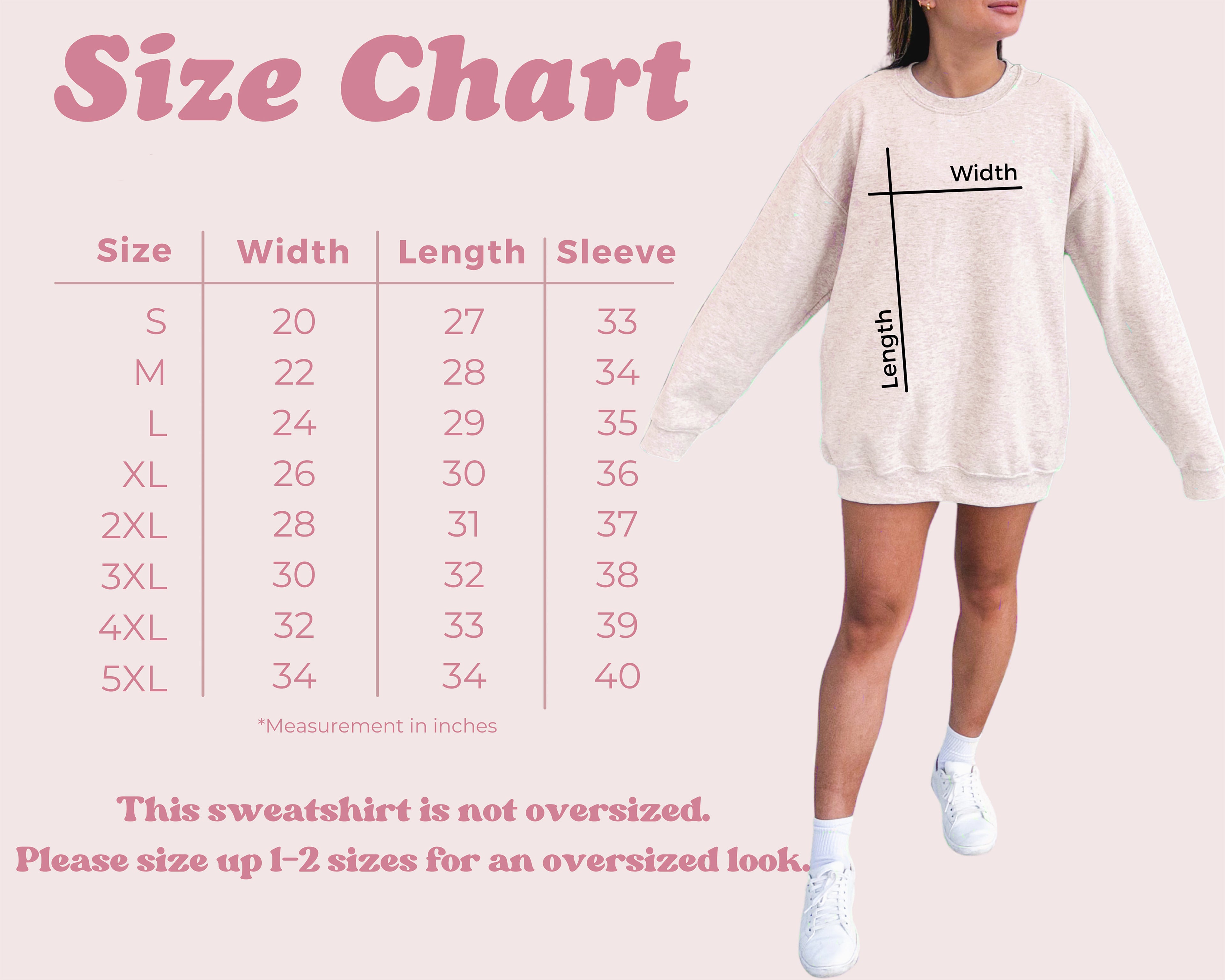 Size chart for a sweatshirt with a model wearing the sweatshirt, displayed on a white background.