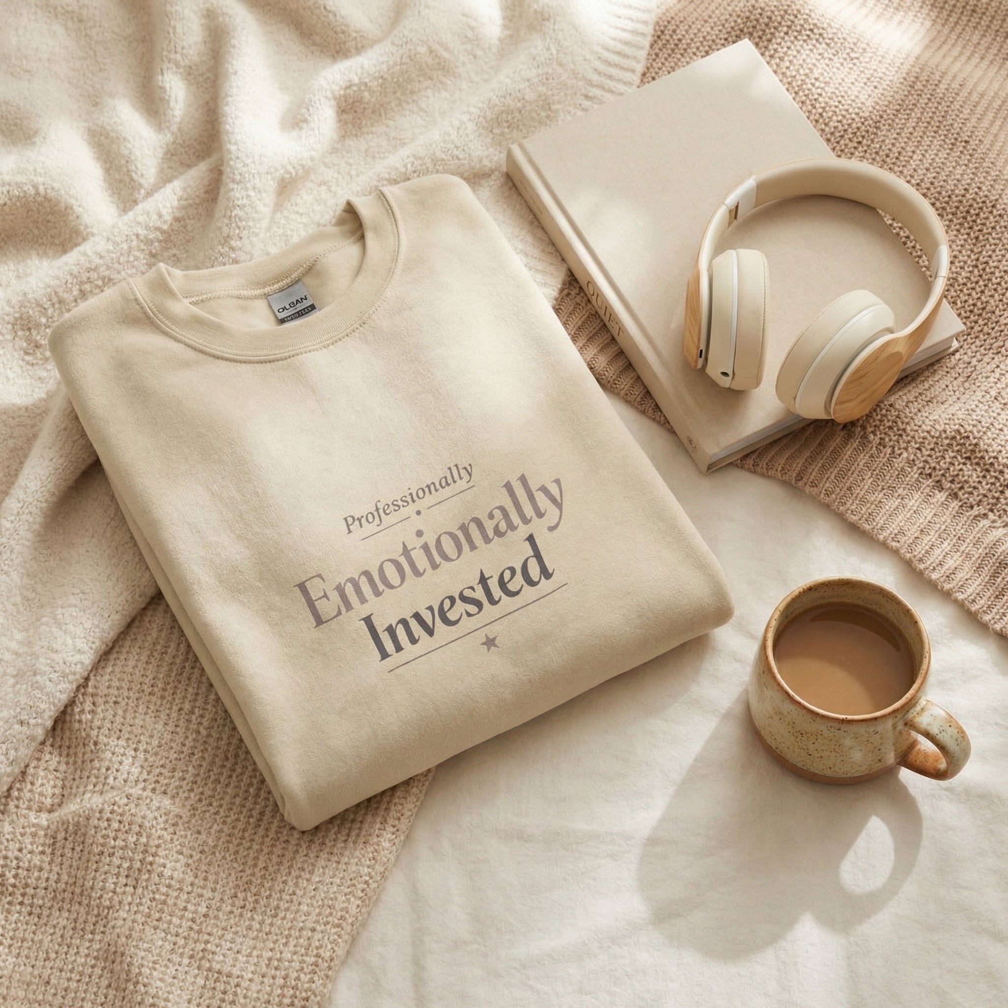 Beige sweatshirt with 'Professionally Emotionally Invested' text, book, headphones, and mug on a textured surface.