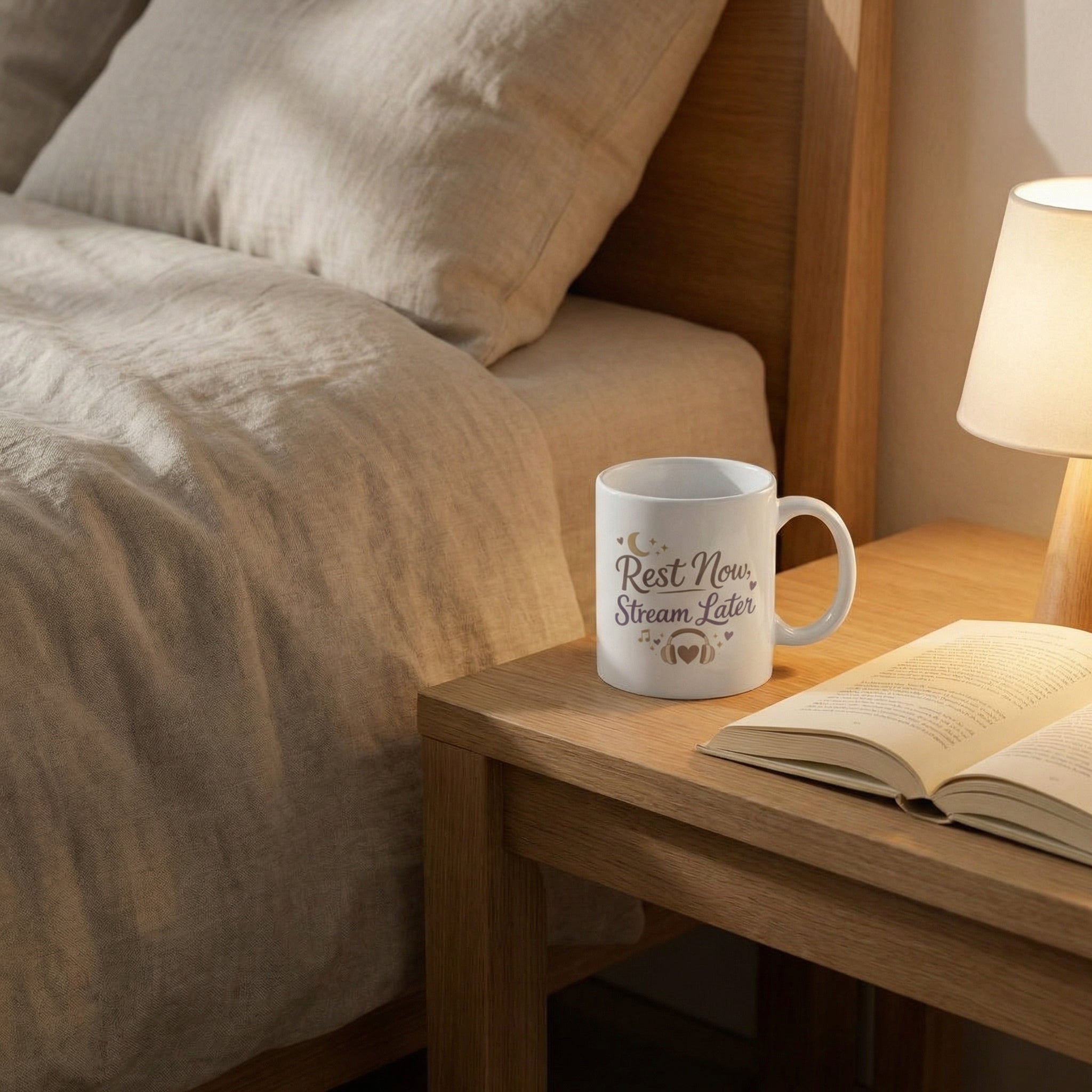 Mug with text on a wooden nightstand next to an open book and lamp, near a bed.