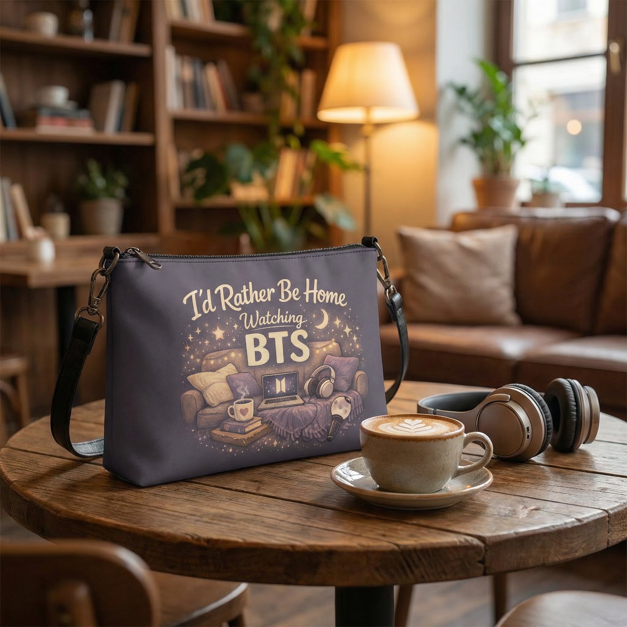 Gray bag with 'I'd Rather Be Home Watching BTS' design on a wooden table with coffee and headphones.