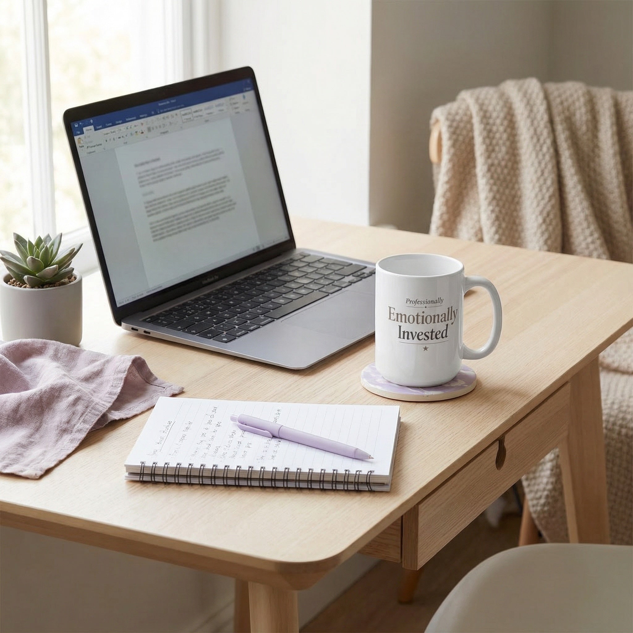 Laptop on a wooden desk with a mug, notebook, and pen in a home office setting.