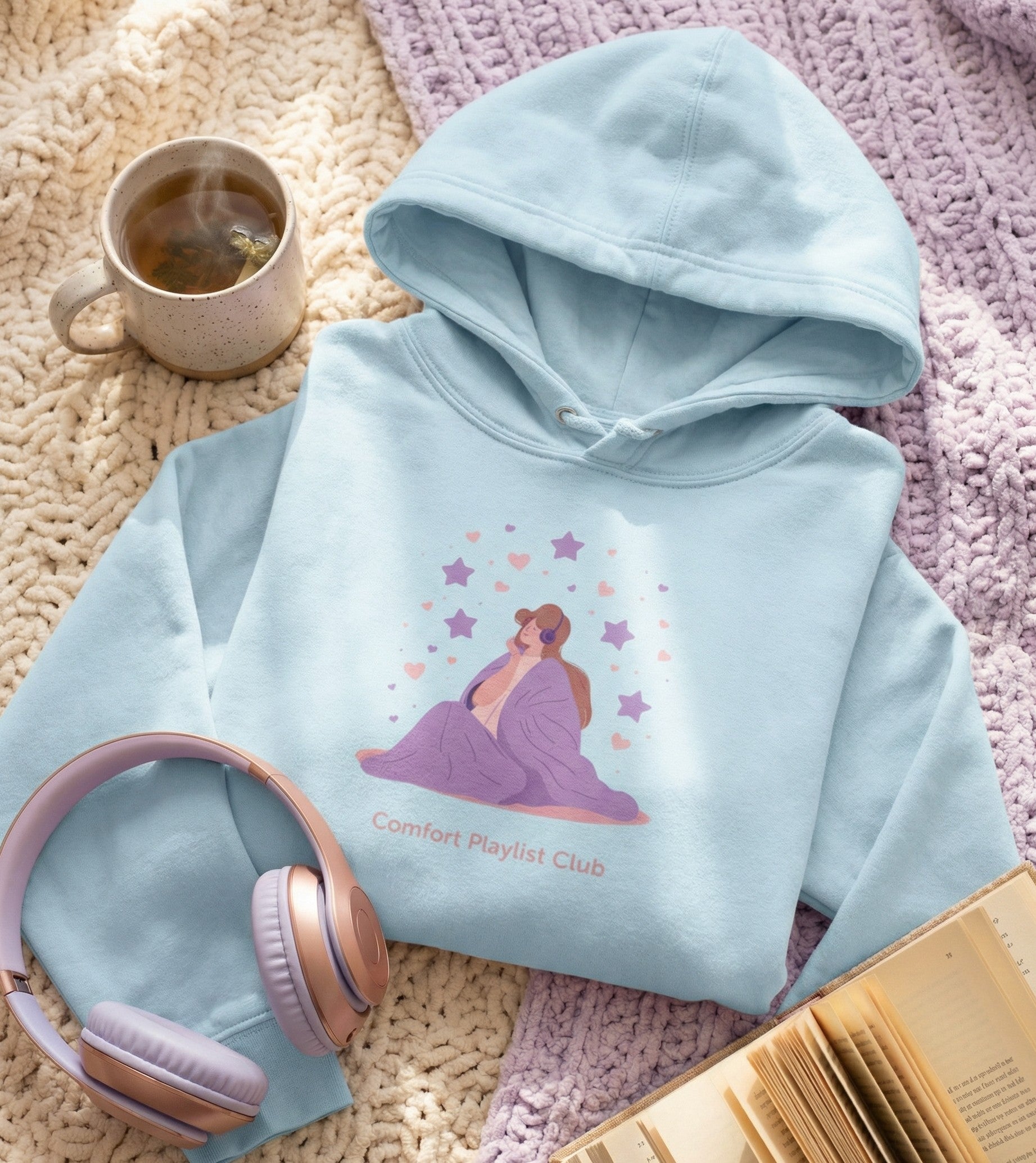blue comfort playlist club hoodie flat lay