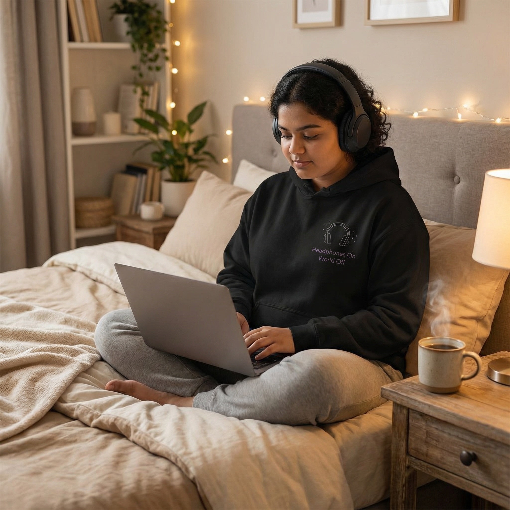 Person sitting on a bed using a laptop with headphones, in a cozy room with lights and plants.