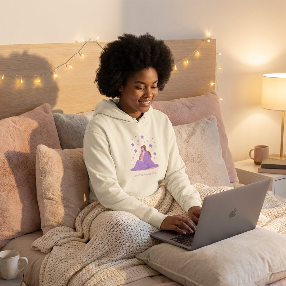 Woman on bed wearing sand Comfort Playlist Club hoodie