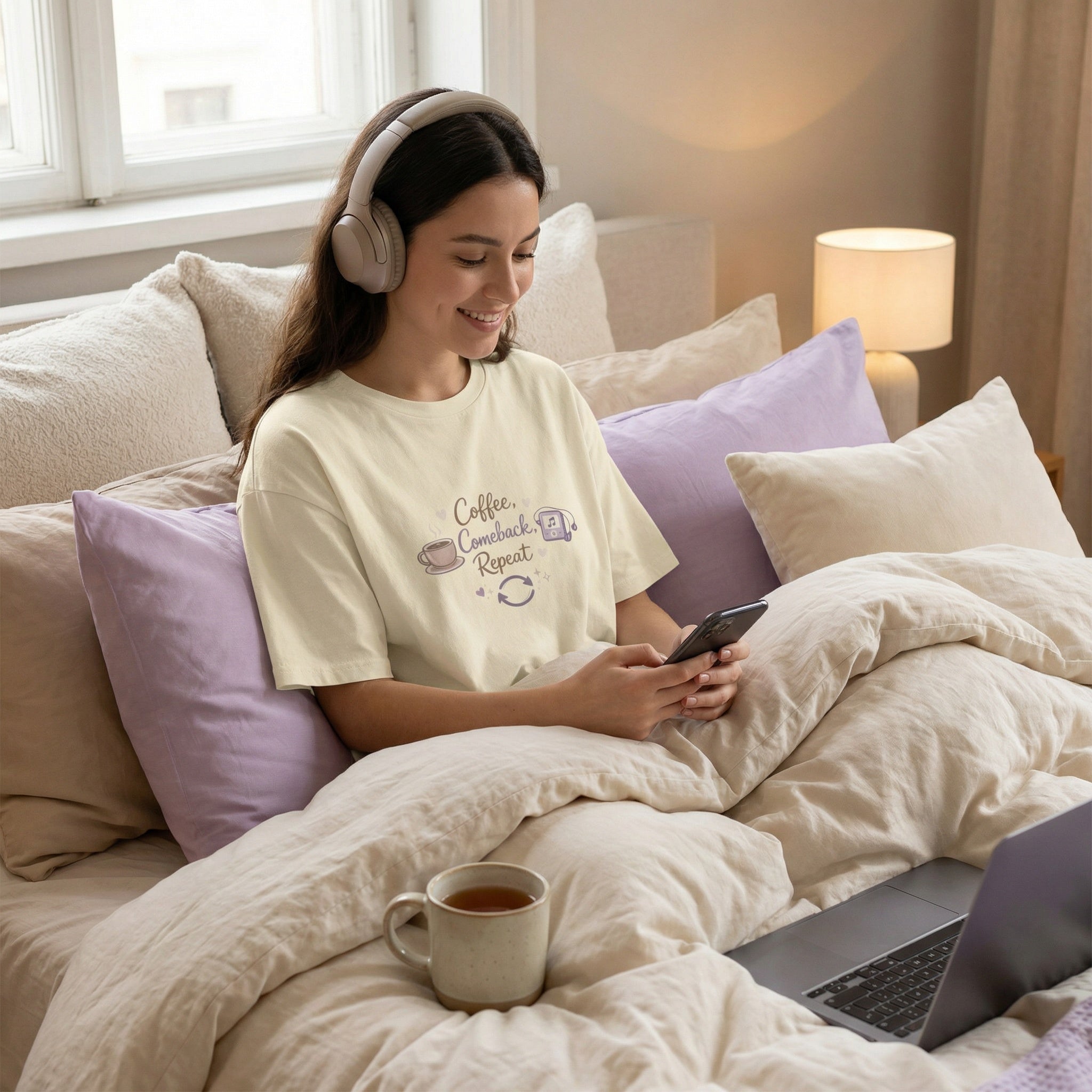 Woman sitting on a bed with a laptop, phone, and mug of tea, wearing headphones.