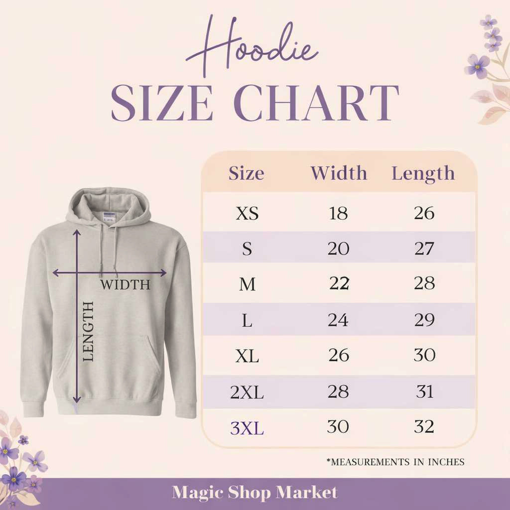 Hoodie size chart with measurements on a light pink background