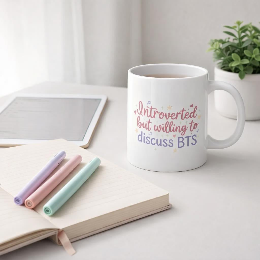 'Introverted but willing to discuss bts' mug with colorful text on a desk with a notebook and pens.