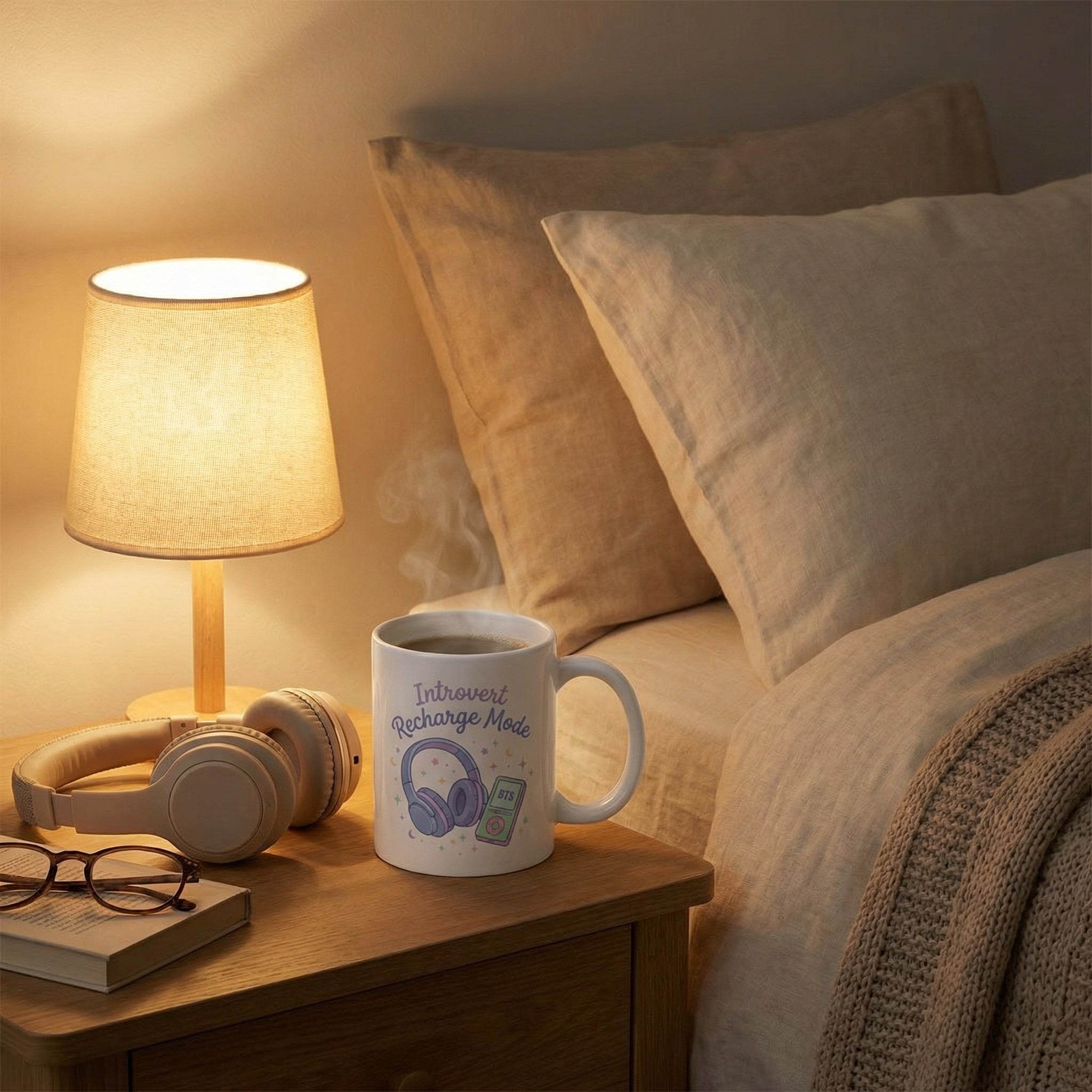 Mug with text on a bedside table next to a lamp, books, and headphones in a cozy bedroom setting.