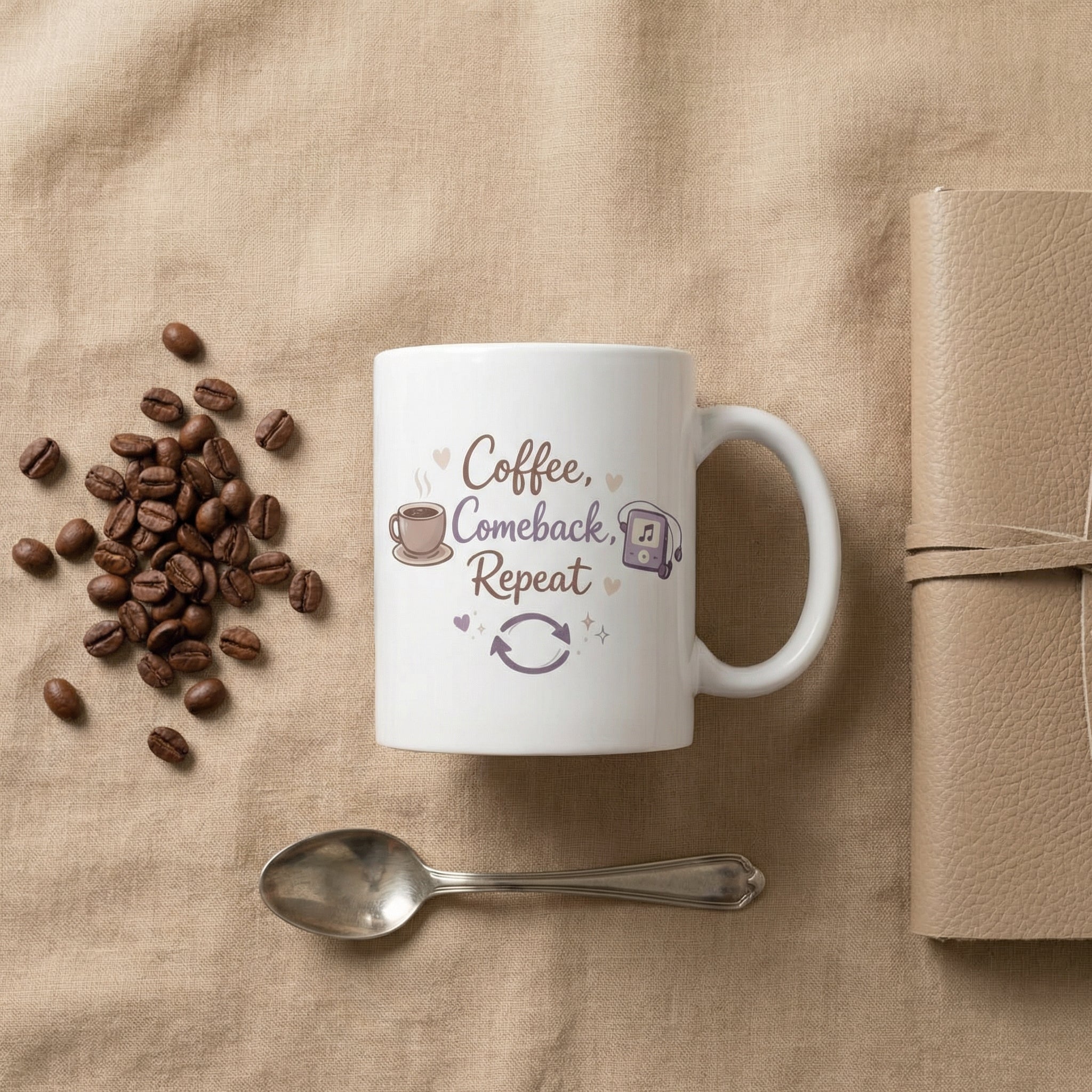 White mug with 'Coffee, Comeback, Repeat' text on a brown surface with coffee beans and a spoon.