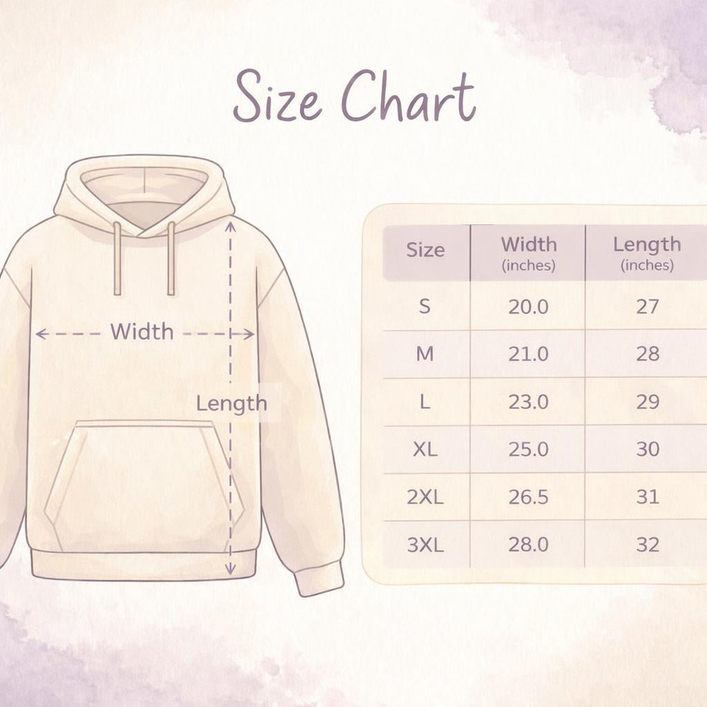 Size chart for a hoodie with dimensions labeled on a light background