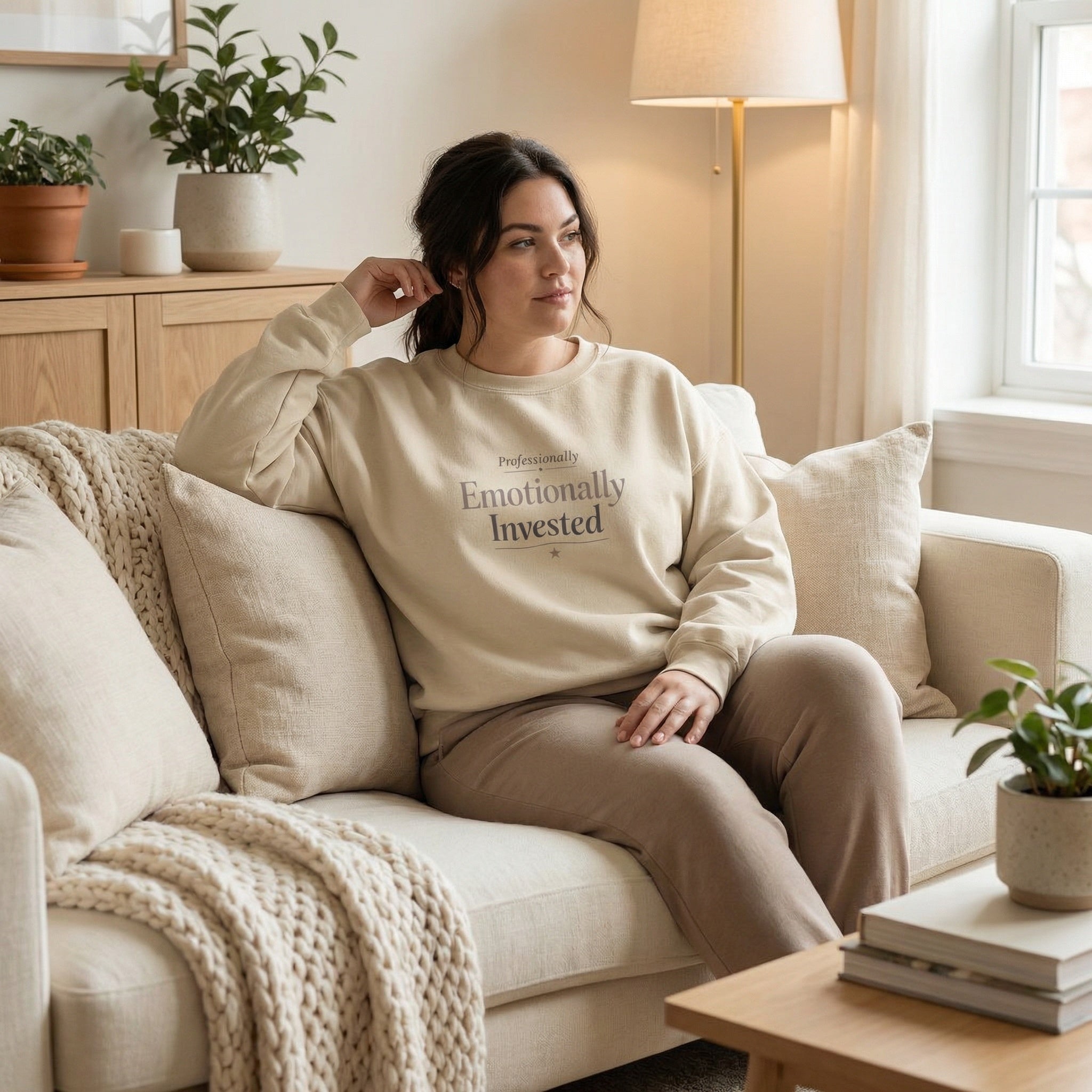 Woman sitting on a couch wearing a beige sweatshirt with text, in a cozy living room.