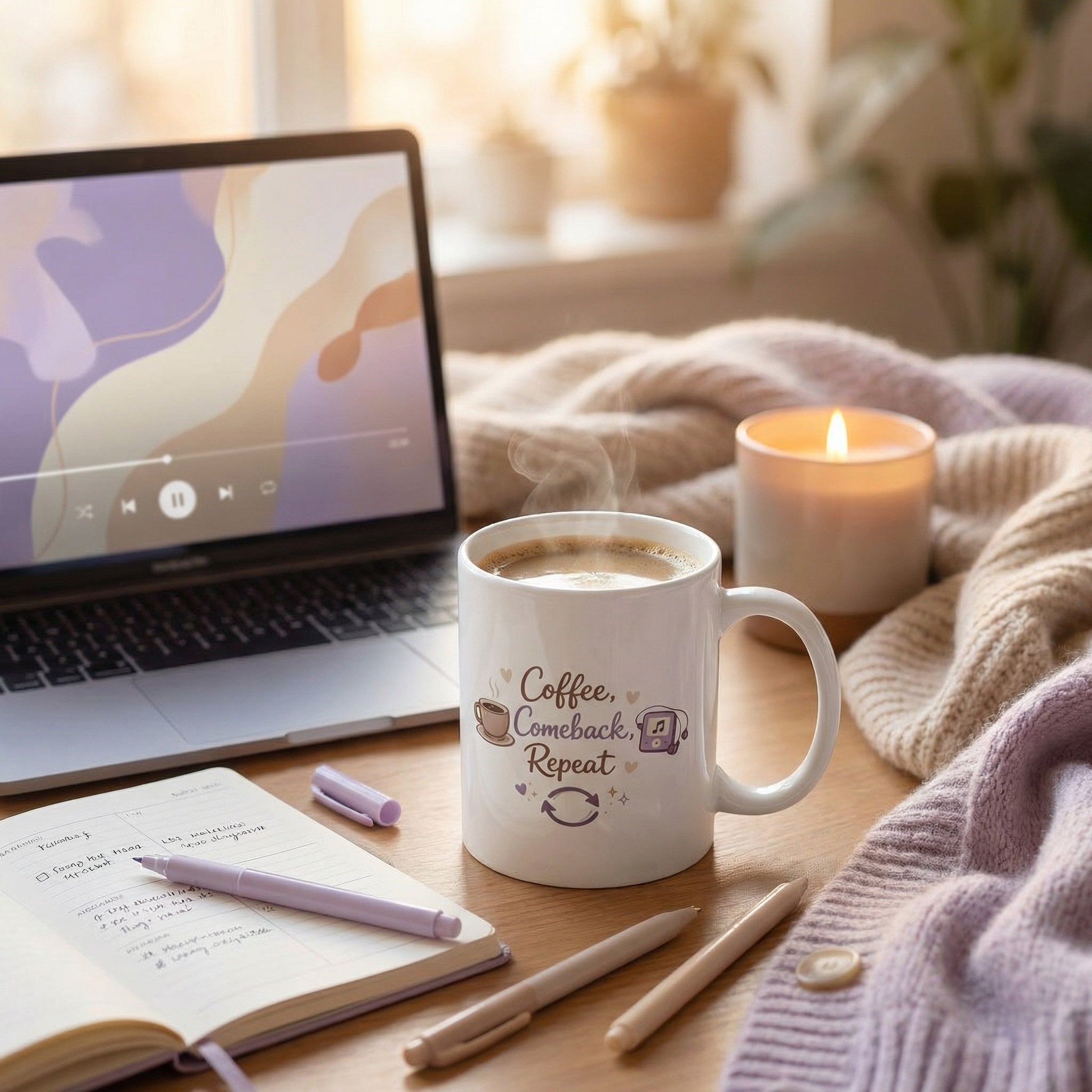 Laptop, mug with text, notebook, and candles on a wooden table in a cozy setting.