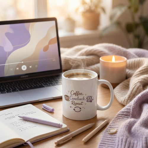 Laptop, mug with text, notebook, and candles on a wooden table in a cozy setting.