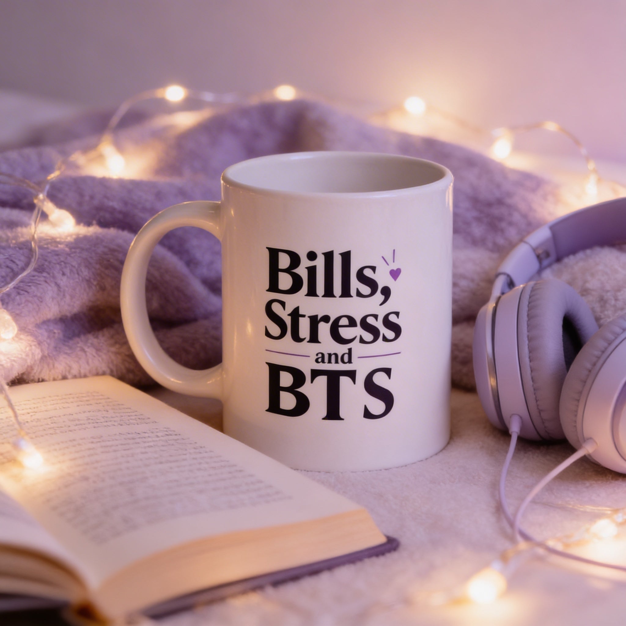 White mug with 'Bills, Stress and BTS' text on a cozy setting with a book and headphones.