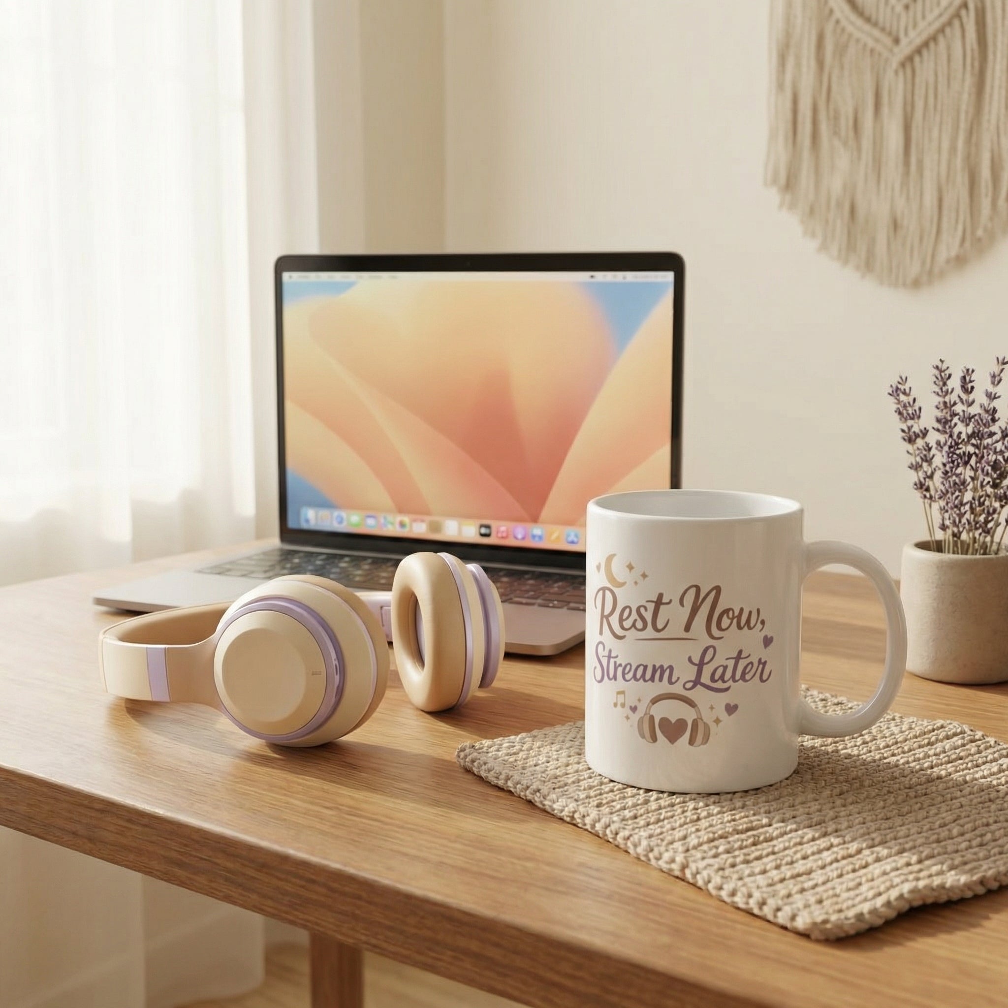 Laptop, headphones, and mug on a wooden desk with a cozy indoor setting.
