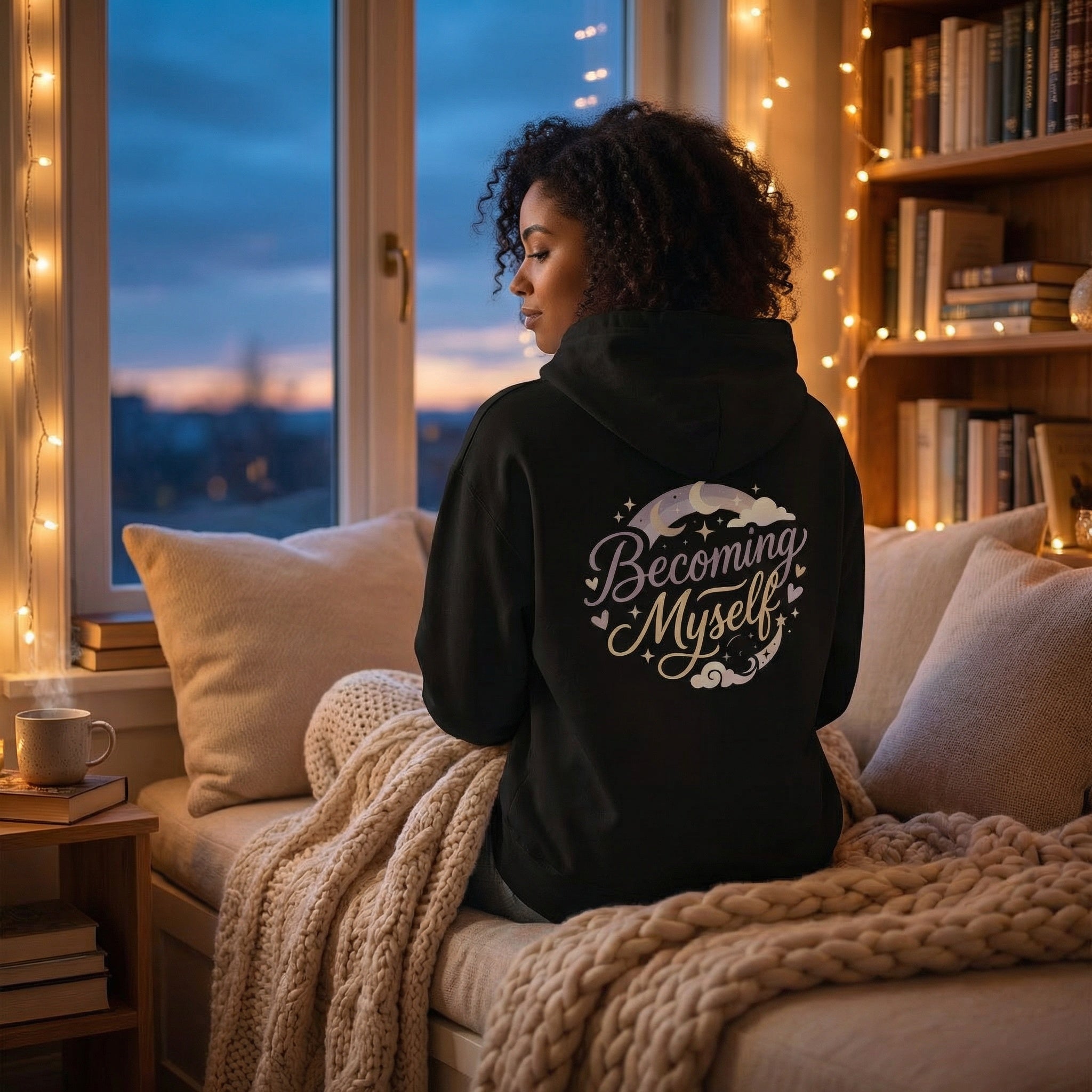 Person wearing a hoodie with 'Becoming Myself' text, sitting on a couch by a window with fairy lights.