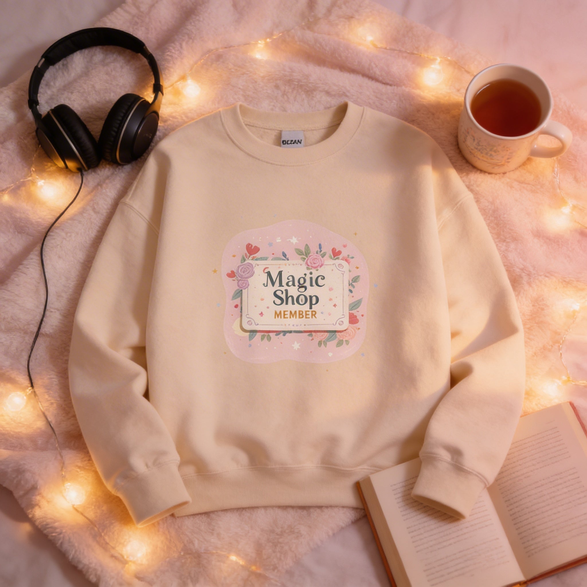 Beige sweatshirt with 'Magic Shop Member' design, surrounded by headphones, a mug, and an open book on a soft surface with lights.