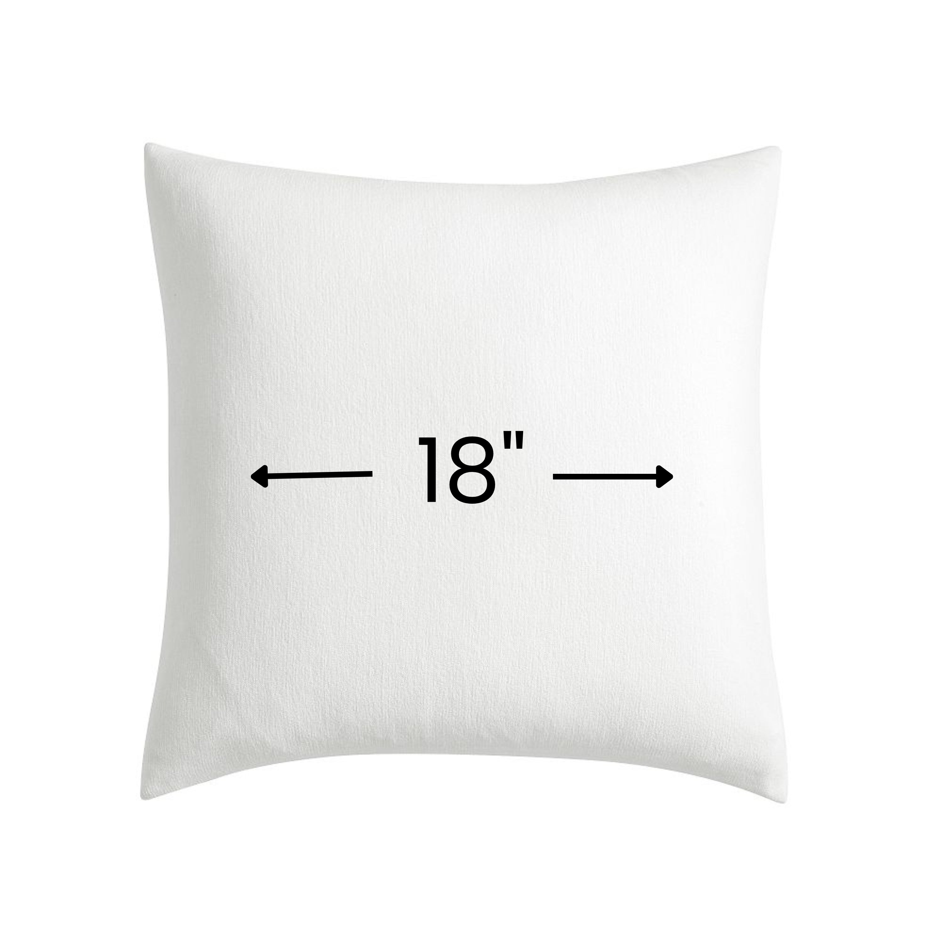 White pillow with dimensions indicating 18 inches on a white background