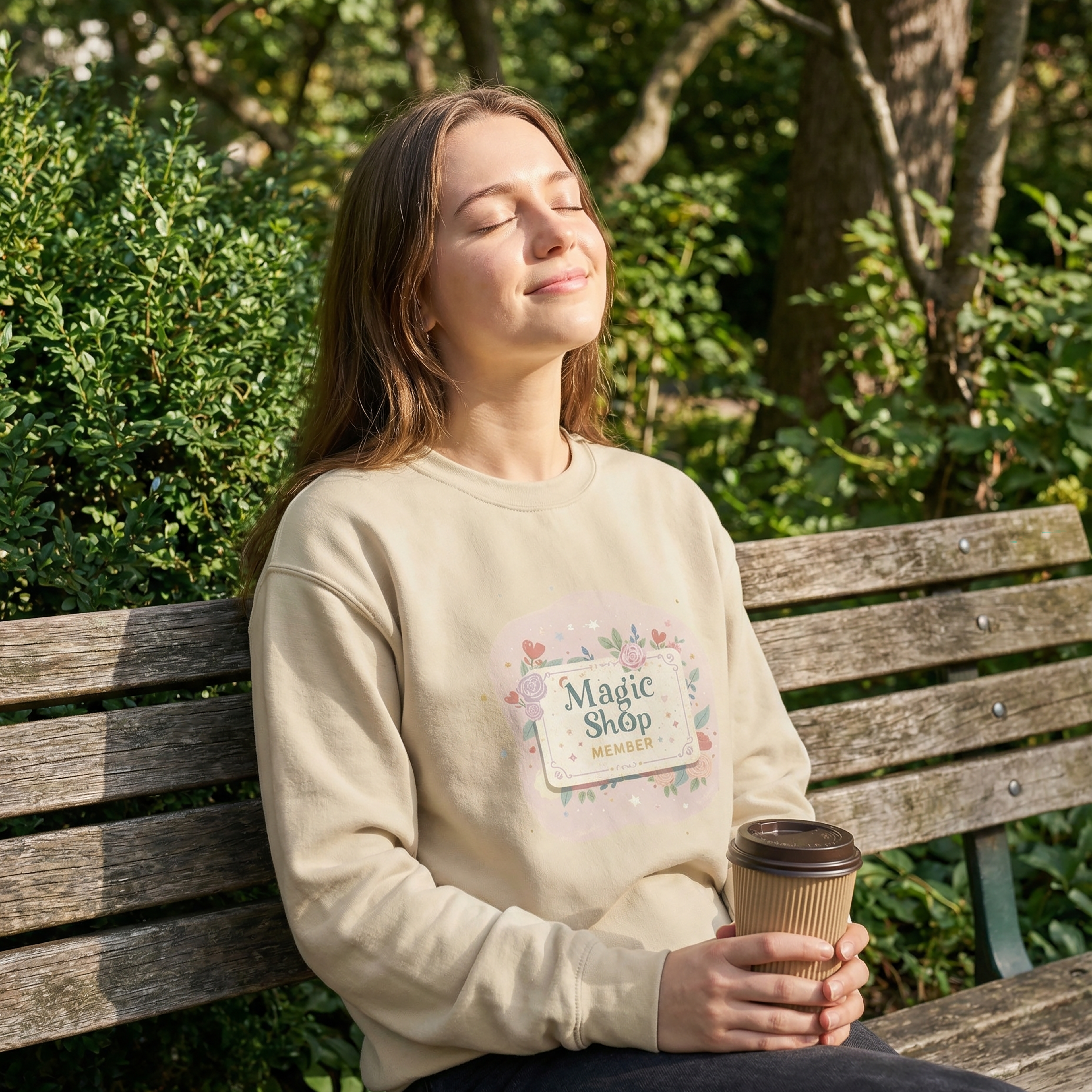 Woman sitting on a bench in a park, wearing a beige sweatshirt with a design and holding a coffee cup.