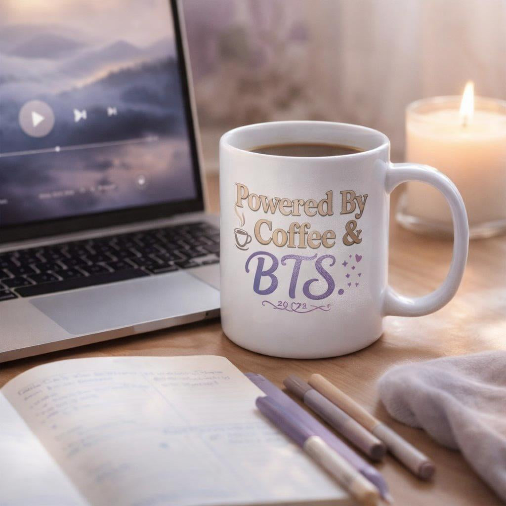 Mug with 'Powered By Coffee & BTS' text on a desk with laptop, notebook, and candles.