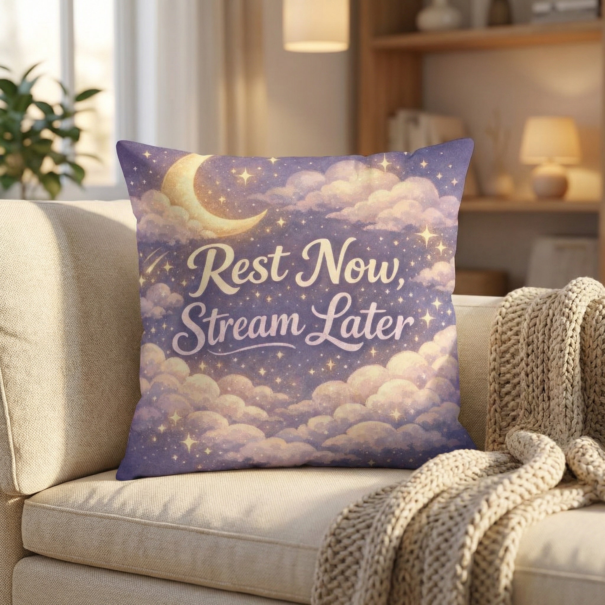 Decorative pillow with 'Rest Now, Stream Later' text on a couch in a cozy living room.