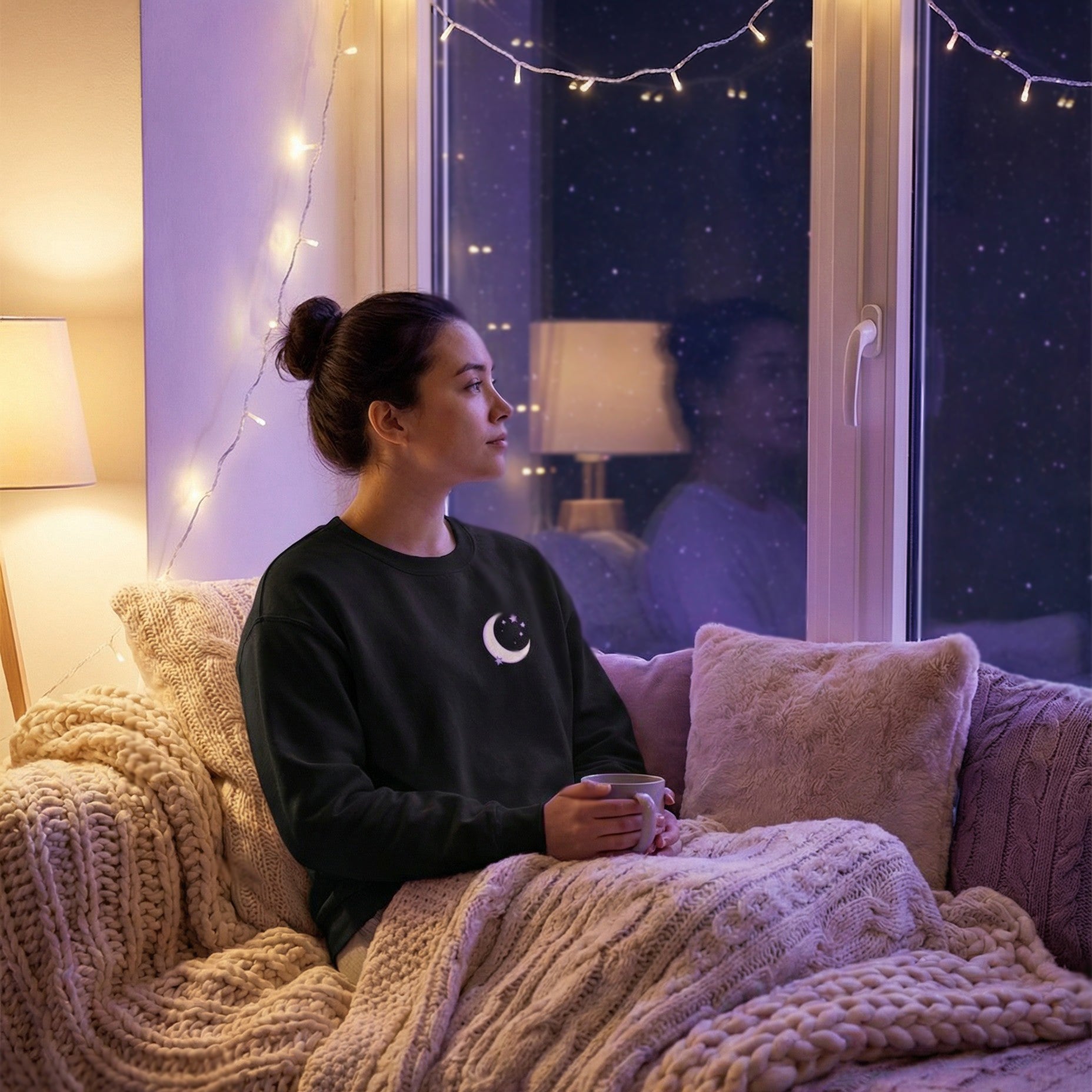 Woman sitting on a couch with a blanket and mug, looking out a window at night.