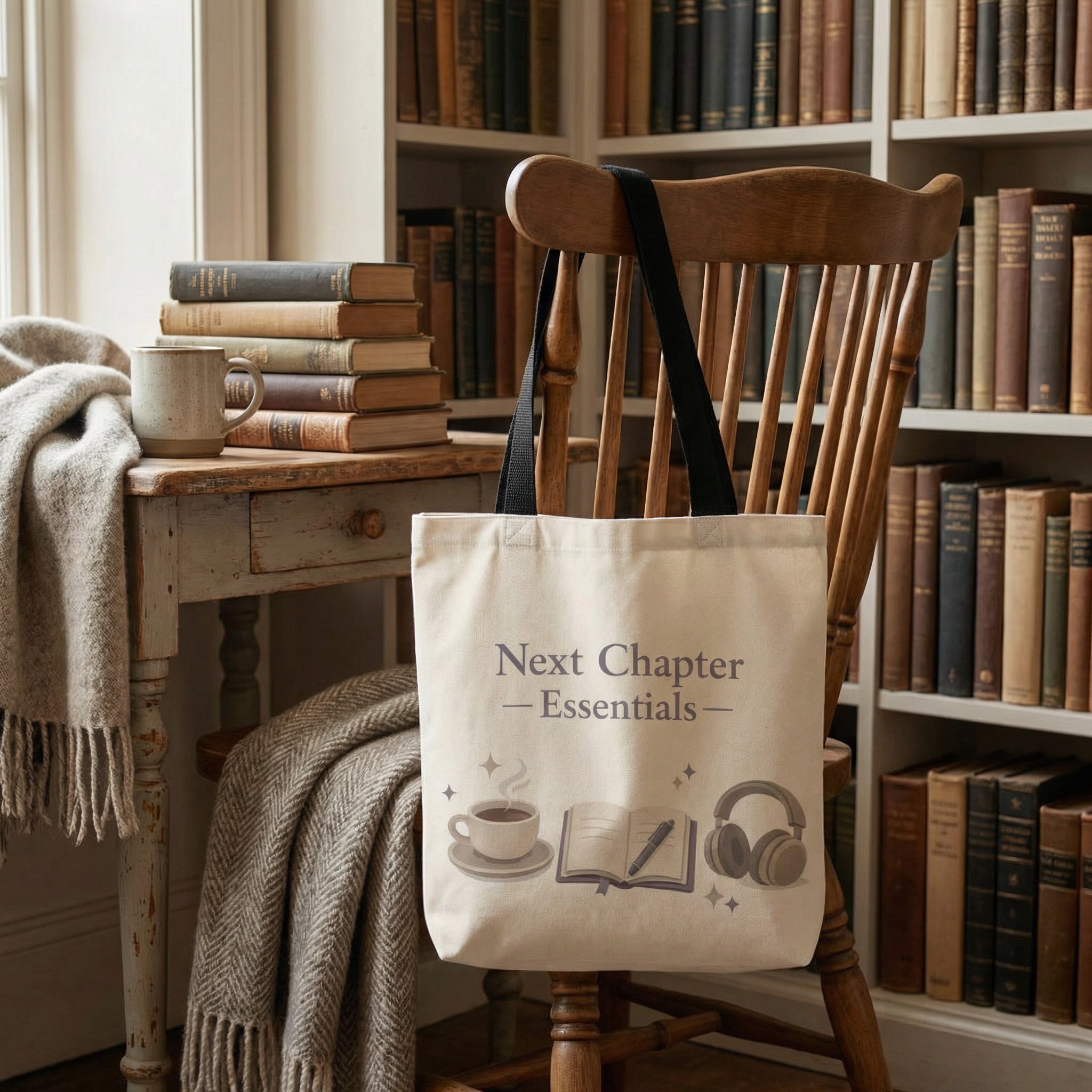 Tote bag with 'Next Chapter Essentials' text on a chair in a room with books and a mug.