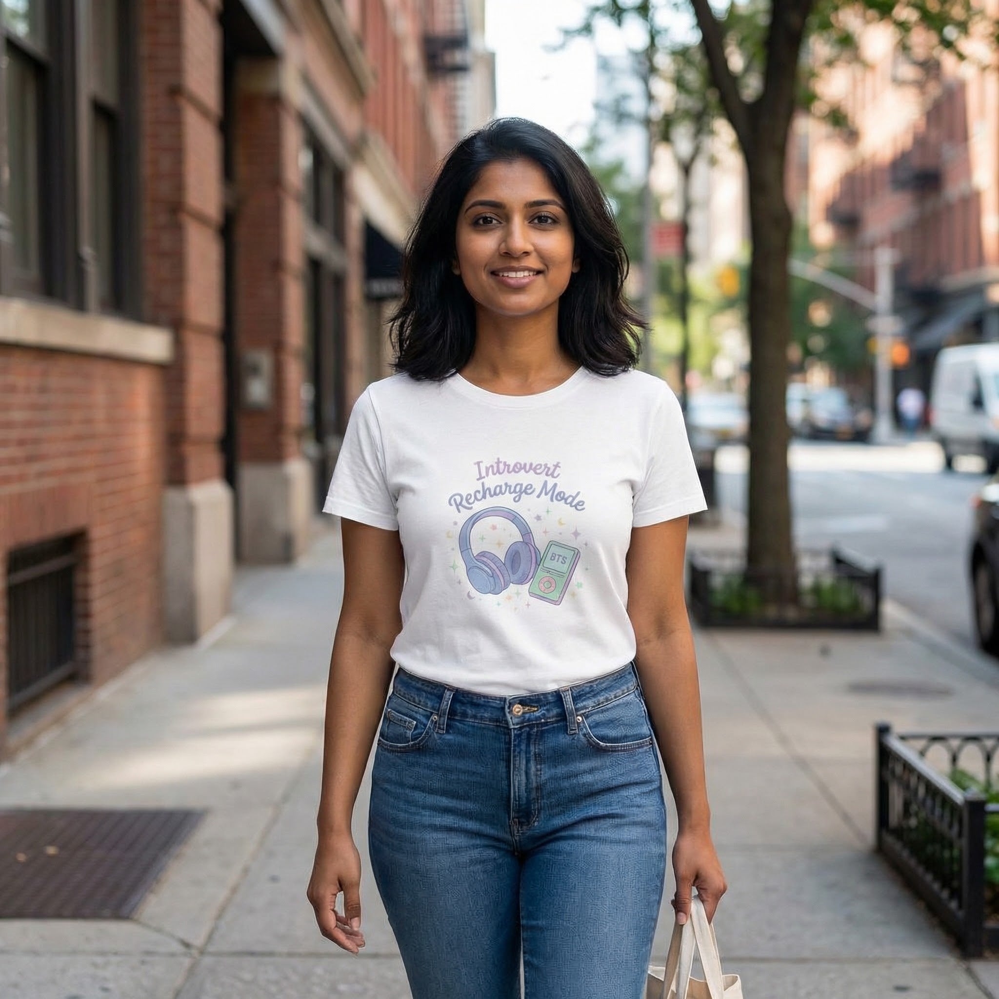 Woman wearing a white t-shirt with a graphic design on a city street.