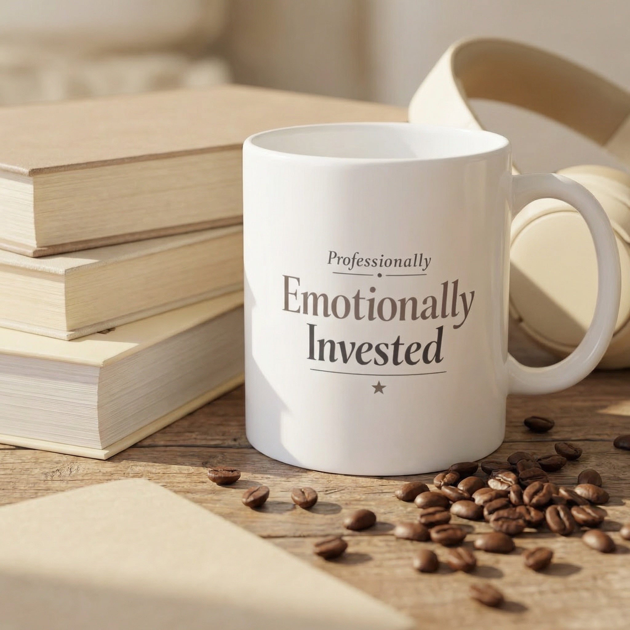 White mug with 'Professionally Emotionally Invested' text on a wooden surface with coffee beans and books.