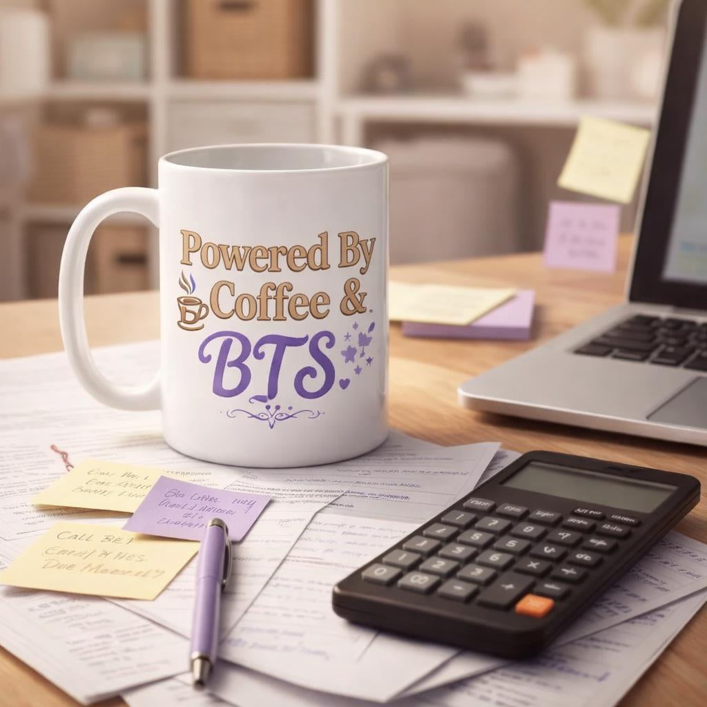 White mug with 'Powered By Coffee & BTS' text on a desk with a laptop, calculator, and notes.