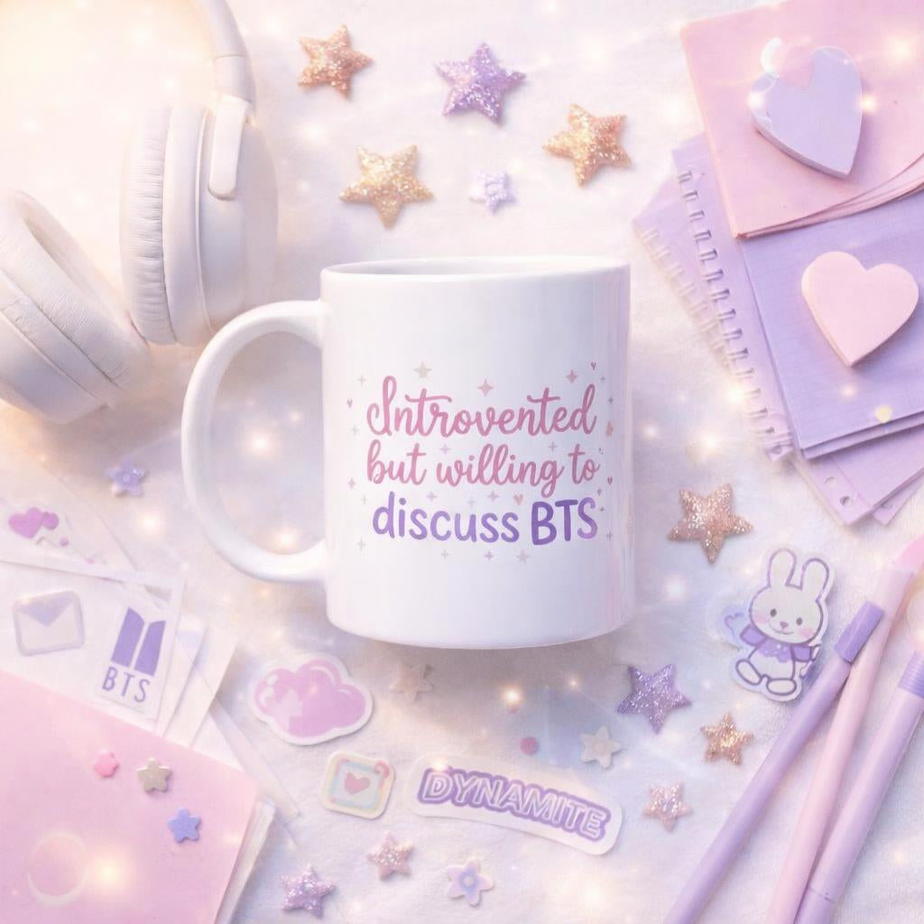 Mug with 'Introverted but willing to discuss BTS' text on a pastel-themed background with stars, pens, and notepads.