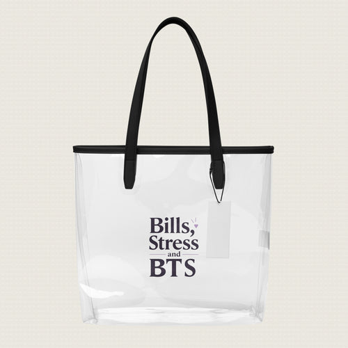 Clear tote bag with black text and handle on a light gray background